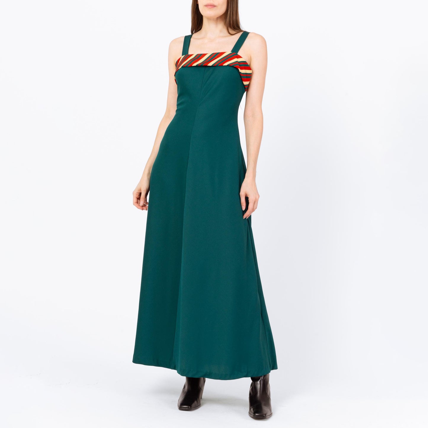 Vintage 70s Emerald Green Striped Square Neck Gown - Small | Sleeveless Formal Maxi Dress, Wedding Guest Dress