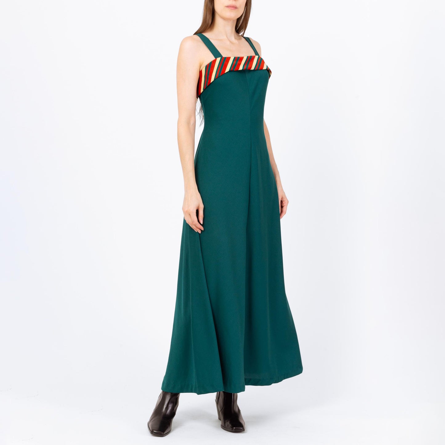 Vintage 70s Emerald Green Striped Square Neck Gown - Small | Sleeveless Formal Maxi Dress, Wedding Guest Dress