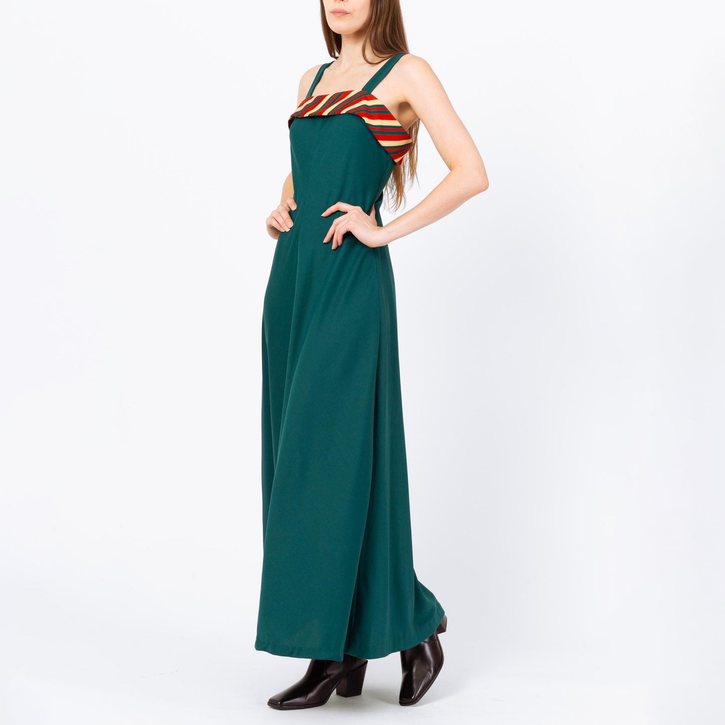 Vintage 70s Emerald Green Striped Square Neck Gown - Small | Sleeveless Formal Maxi Dress, Wedding Guest Dress
