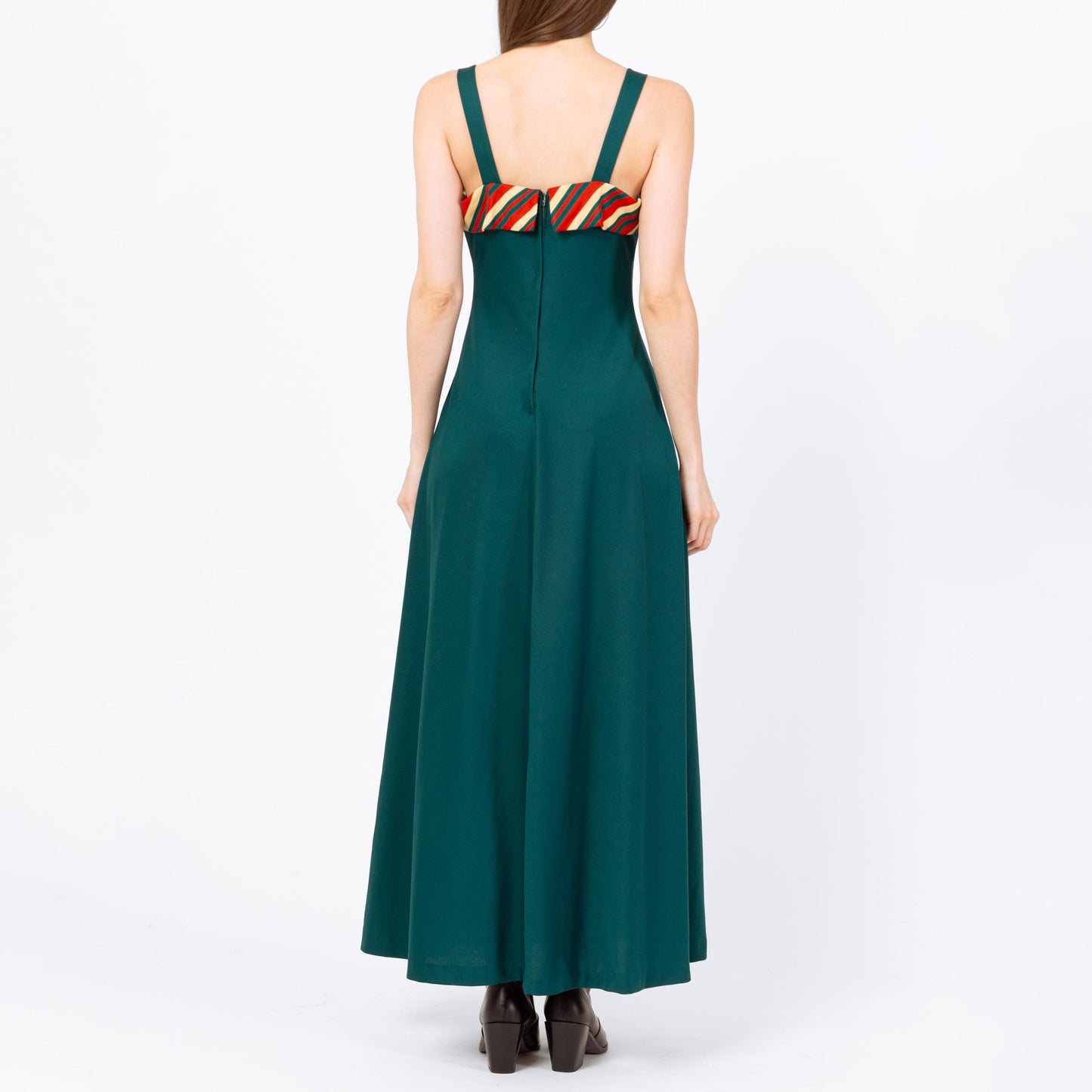 Vintage 70s Emerald Green Striped Square Neck Gown - Small | Sleeveless Formal Maxi Dress, Wedding Guest Dress