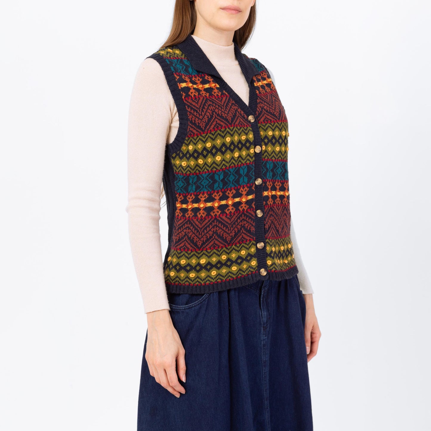 Vintage 90s Fair Isle Sweater Vest - Medium | Navy Blue Striped Button Up Sleeveless Cotton Knit Top