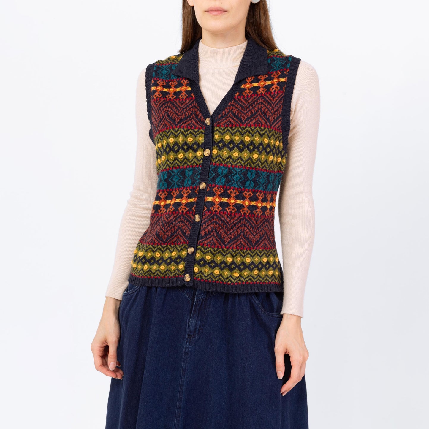 Vintage 90s Fair Isle Sweater Vest - Medium | Navy Blue Striped Button Up Sleeveless Cotton Knit Top