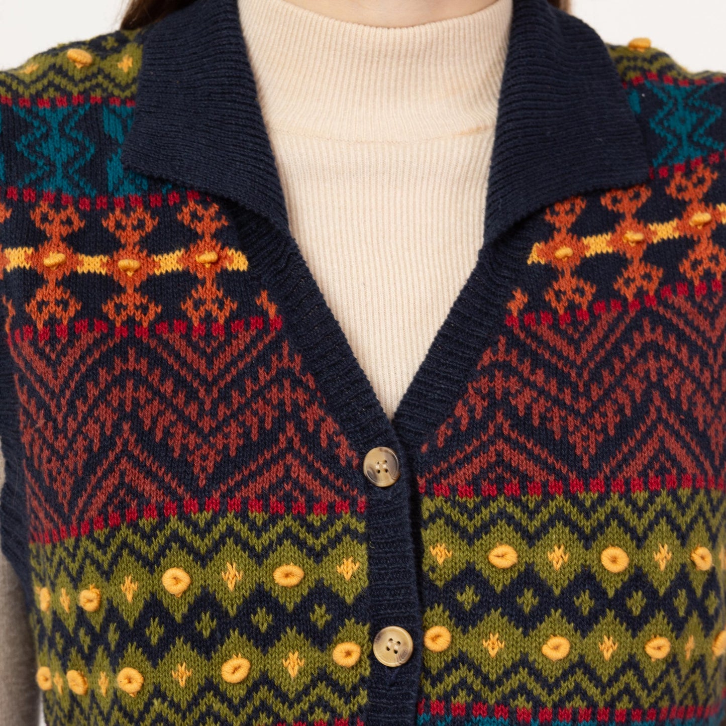 Vintage 90s Fair Isle Sweater Vest - Medium | Navy Blue Striped Button Up Sleeveless Cotton Knit Top