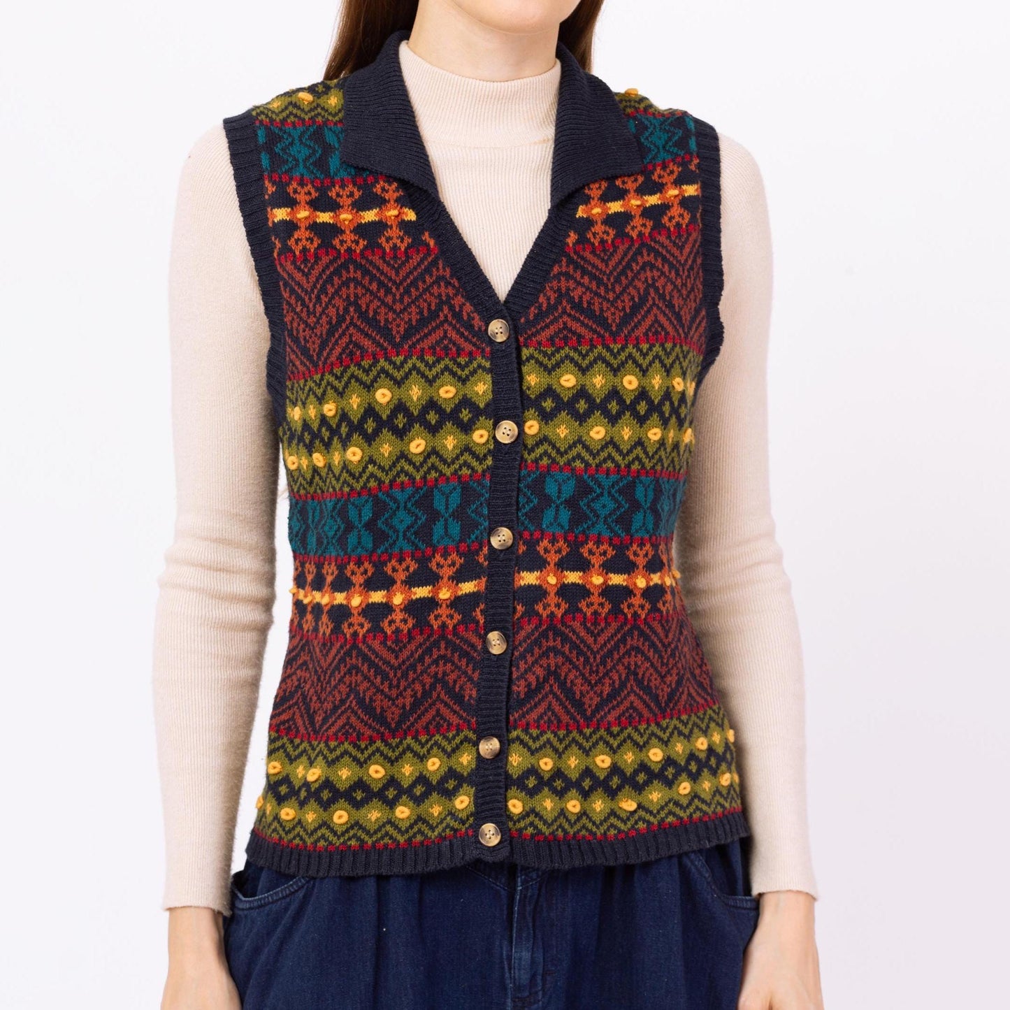 Vintage 90s Fair Isle Sweater Vest - Medium | Navy Blue Striped Button Up Sleeveless Cotton Knit Top