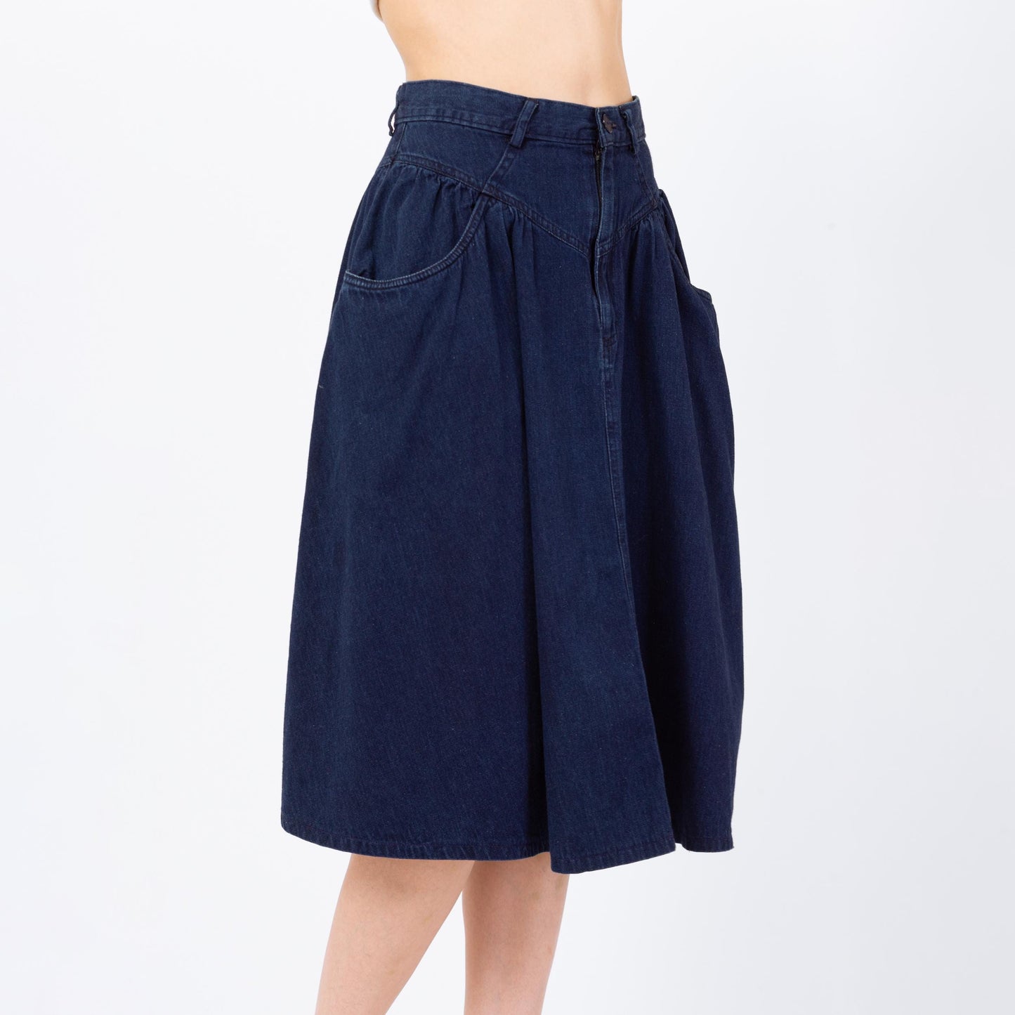 Vintage 80s Calvin Klein Dark Wash Denim Midi Skirt - Small, 26" Waist | Yoked High Waisted Blue Jean Chambray Pocket Skirt