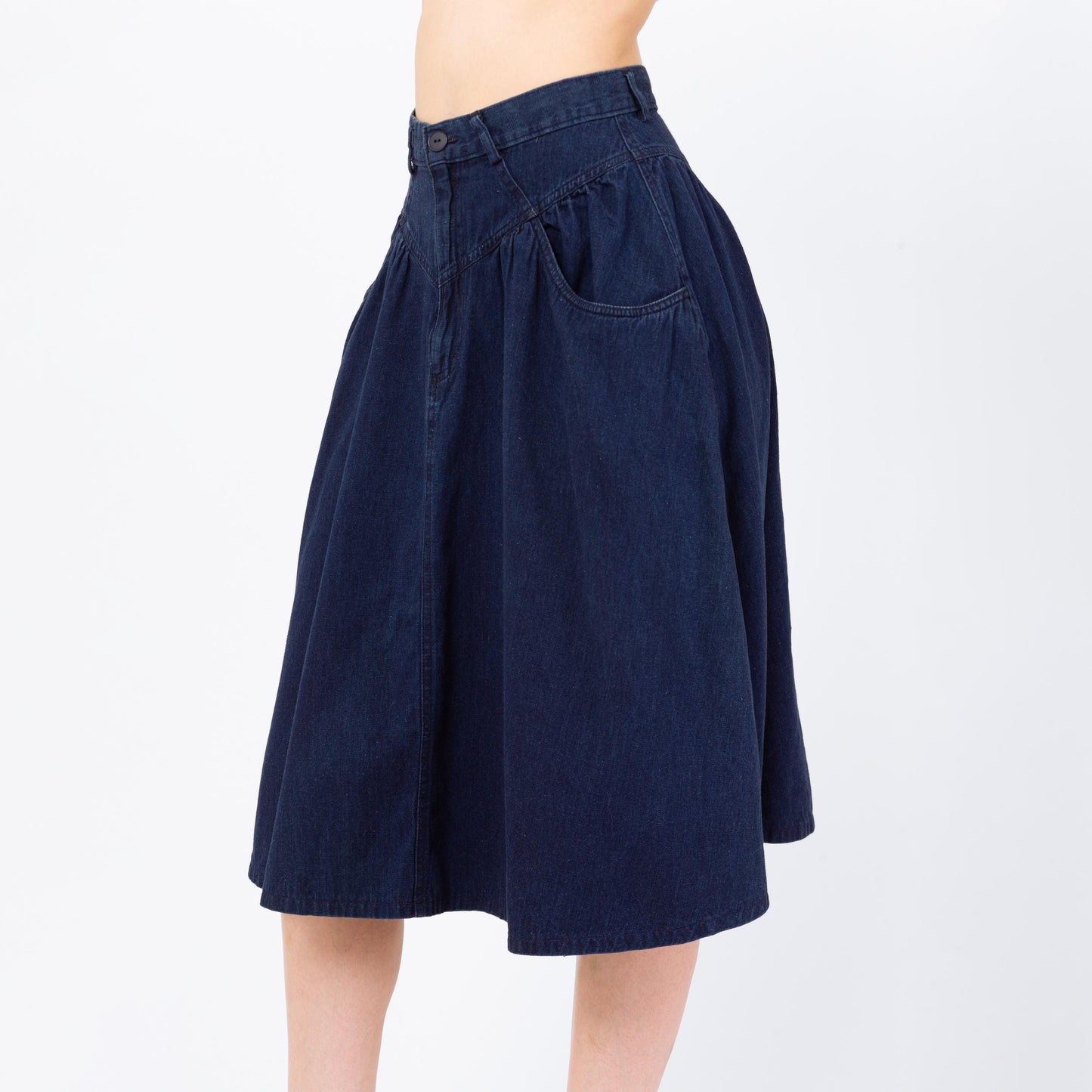 Vintage 80s Calvin Klein Dark Wash Denim Midi Skirt - Small, 26" Waist | Yoked High Waisted Blue Jean Chambray Pocket Skirt