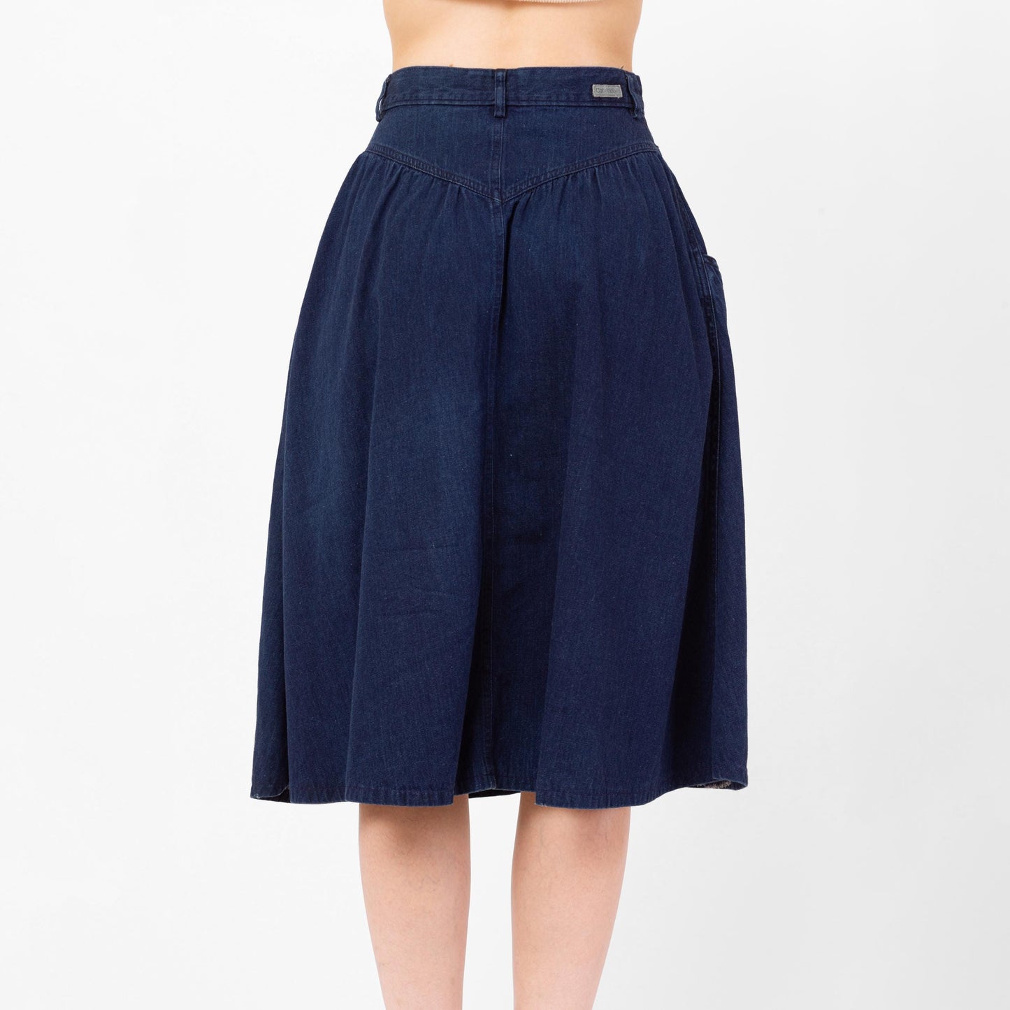 Vintage 80s Calvin Klein Dark Wash Denim Midi Skirt - Small, 26" Waist | Yoked High Waisted Blue Jean Chambray Pocket Skirt