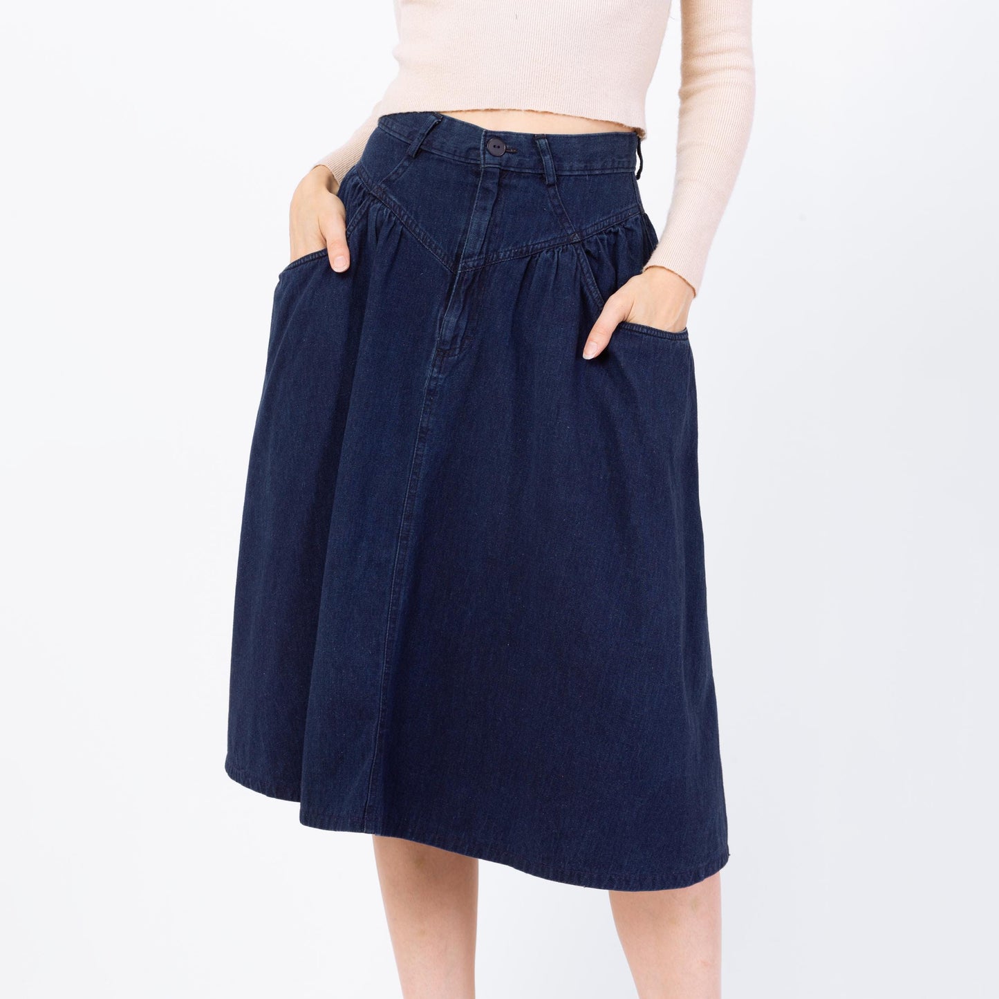 Vintage 80s Calvin Klein Dark Wash Denim Midi Skirt - Small, 26" Waist | Yoked High Waisted Blue Jean Chambray Pocket Skirt