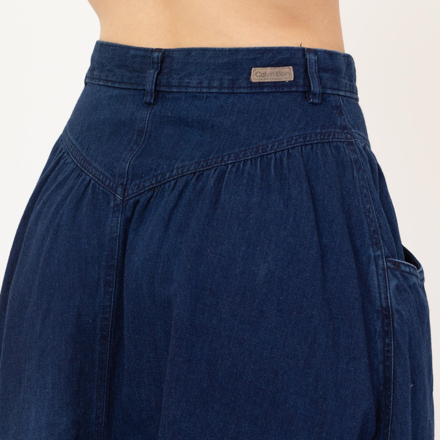 Vintage 80s Calvin Klein Dark Wash Denim Midi Skirt - Small, 26" Waist | Yoked High Waisted Blue Jean Chambray Pocket Skirt