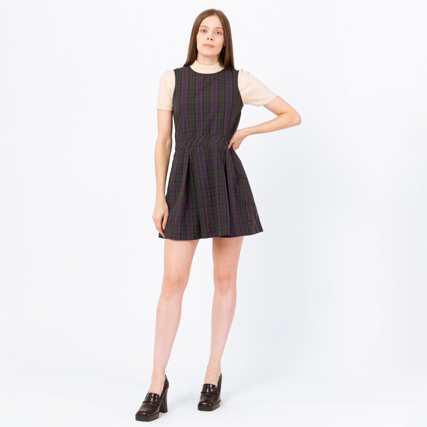 Vintage 80s Plaid Pinafore Schoolgirl Mini Dress - Petite Extra Small | Grunge Sleeveless Drop Waist School Uniform Dress