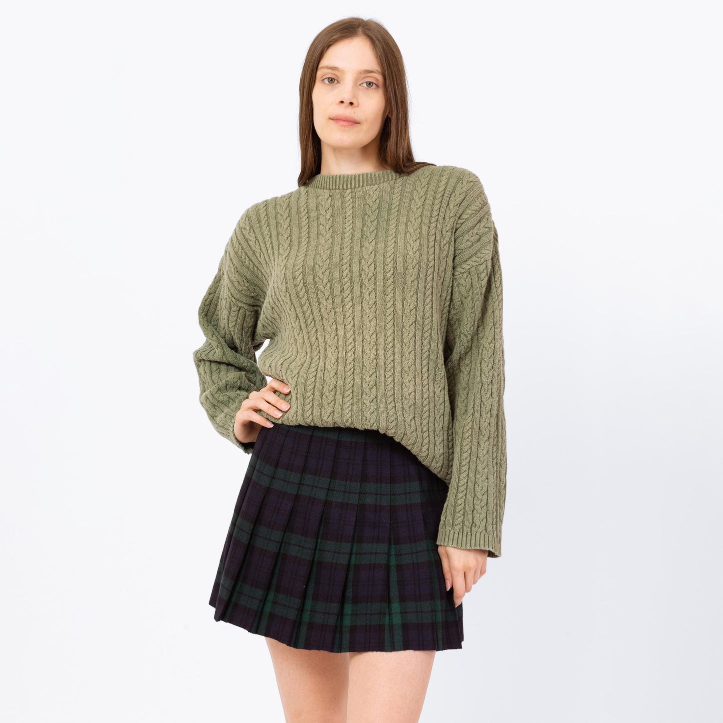 Vintage 90s Sage Green Cable Knit Sweater - Men's Medium, Women's Large | Cotton Crew Neck Slouchy Fisherman Pullover