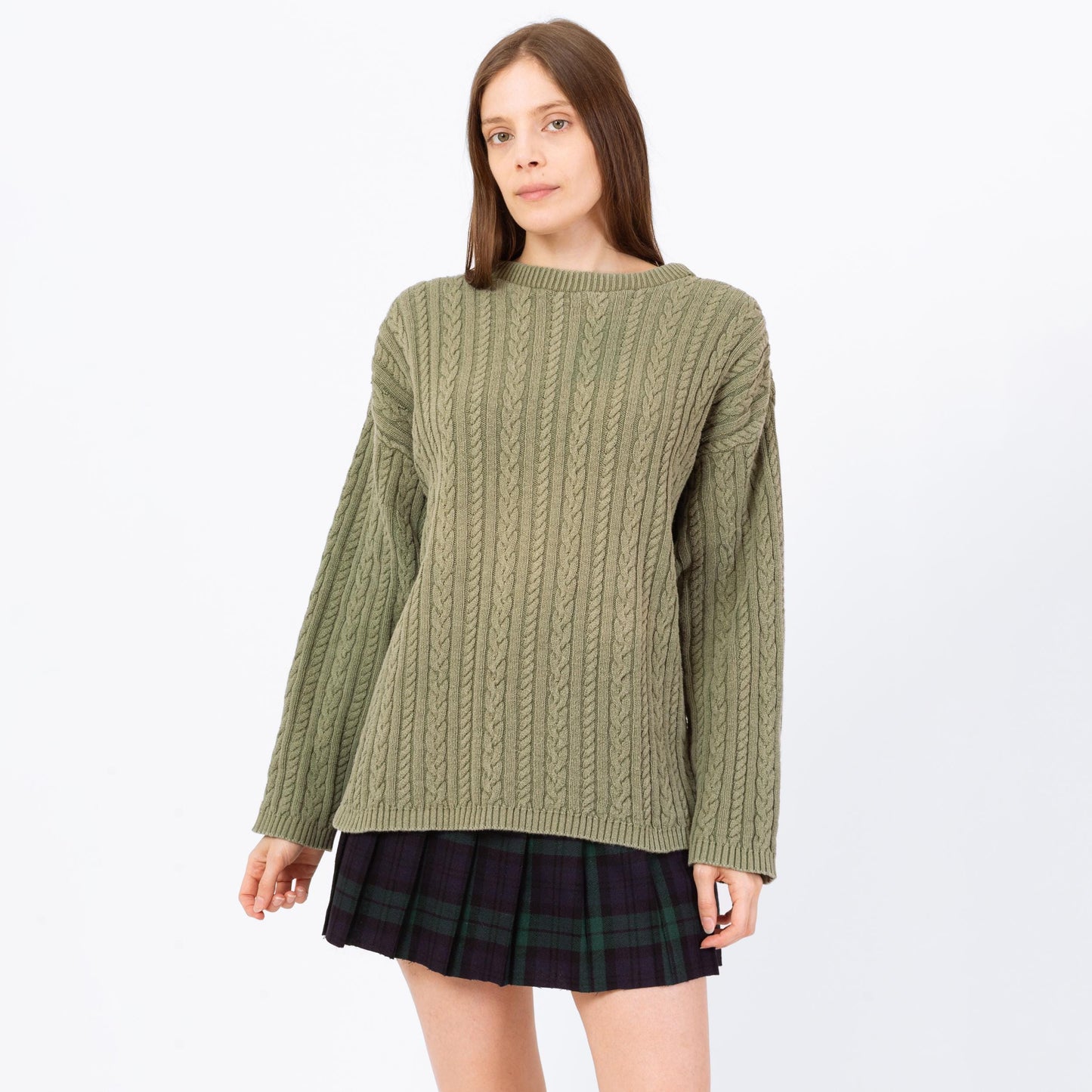 Vintage 90s Sage Green Cable Knit Sweater - Men's Medium, Women's Large | Cotton Crew Neck Slouchy Fisherman Pullover