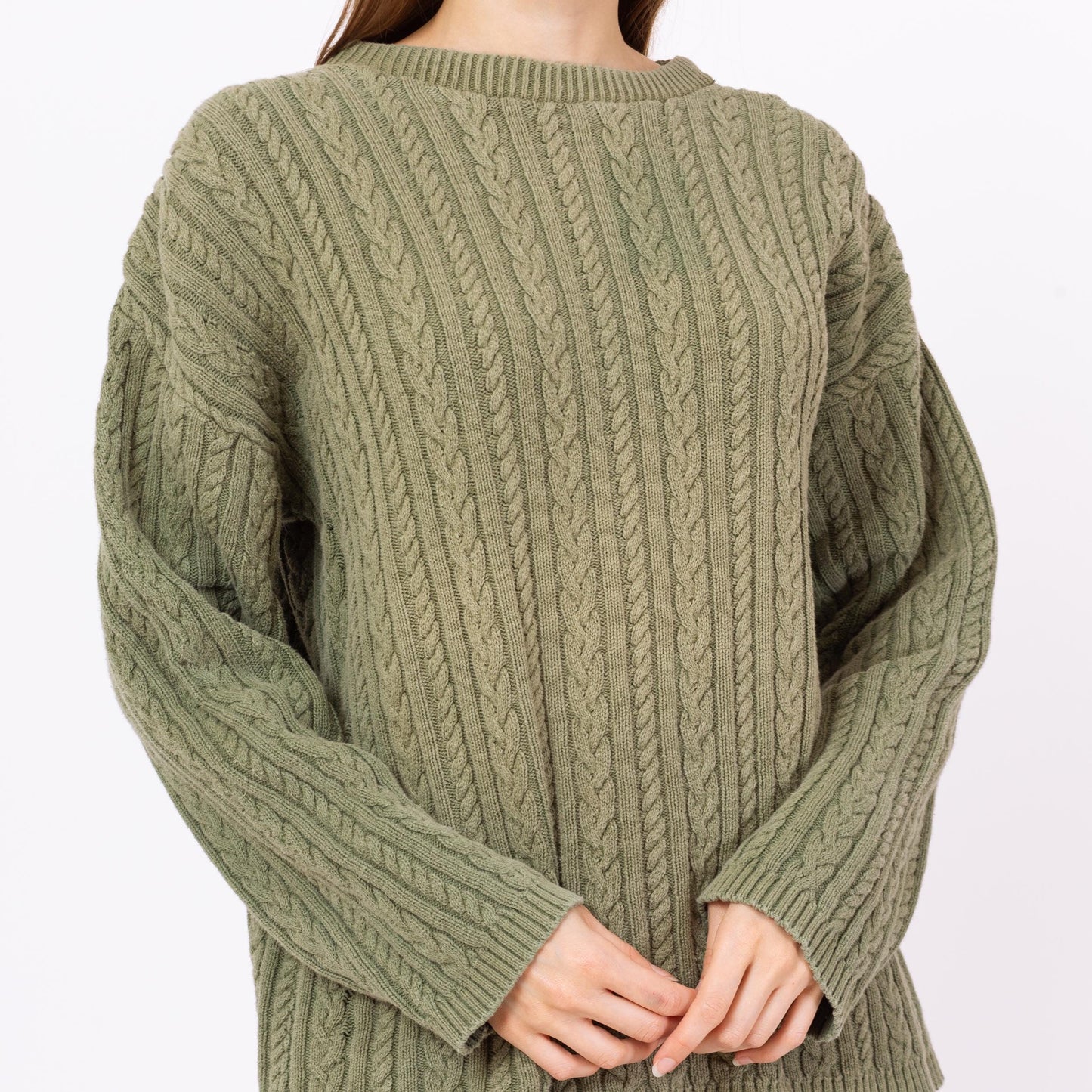 Vintage 90s Sage Green Cable Knit Sweater - Men's Medium, Women's Large | Cotton Crew Neck Slouchy Fisherman Pullover
