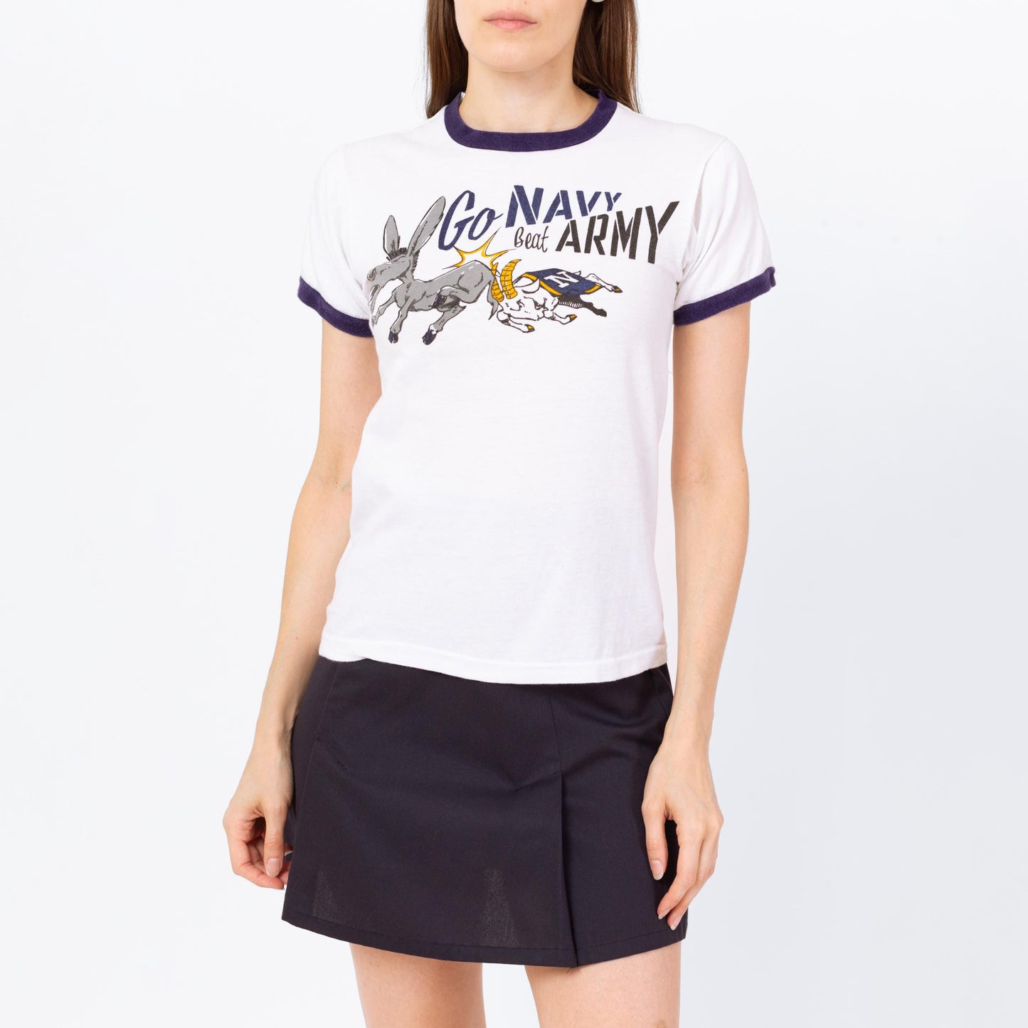 Vintage 70s "Go Navy Beat Army" Ringer T Shirt - Extra Small | College Football Military Cartoon Graphic Champion Tee