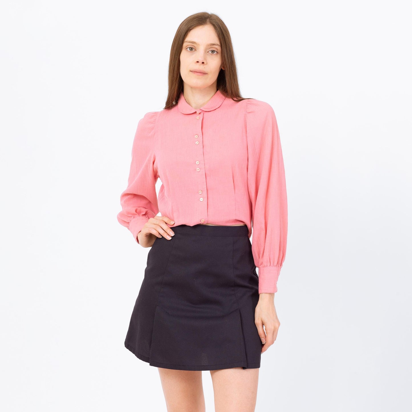 Vintage 70s Blush Pink Peter Pan Collar Blouse - Small | Retro Long Sleeve Button Up Top