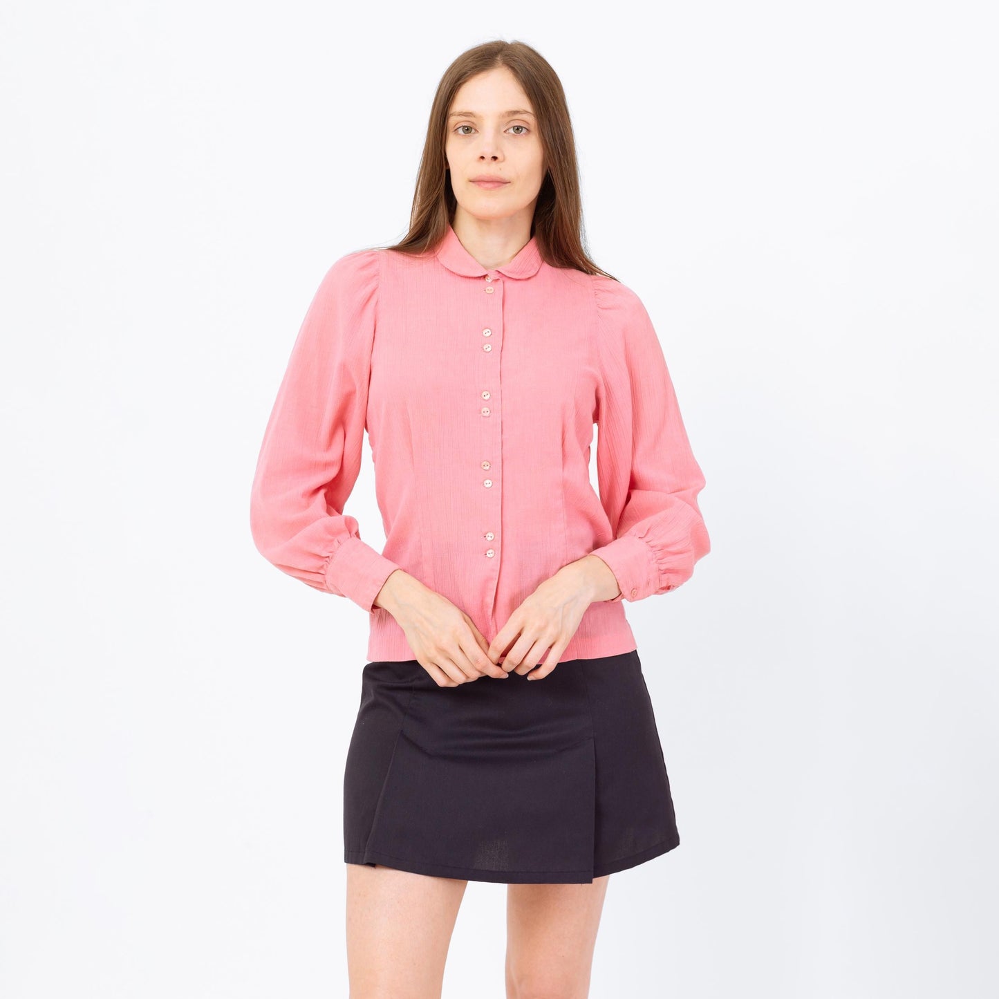 Vintage 70s Blush Pink Peter Pan Collar Blouse - Small | Retro Long Sleeve Button Up Top