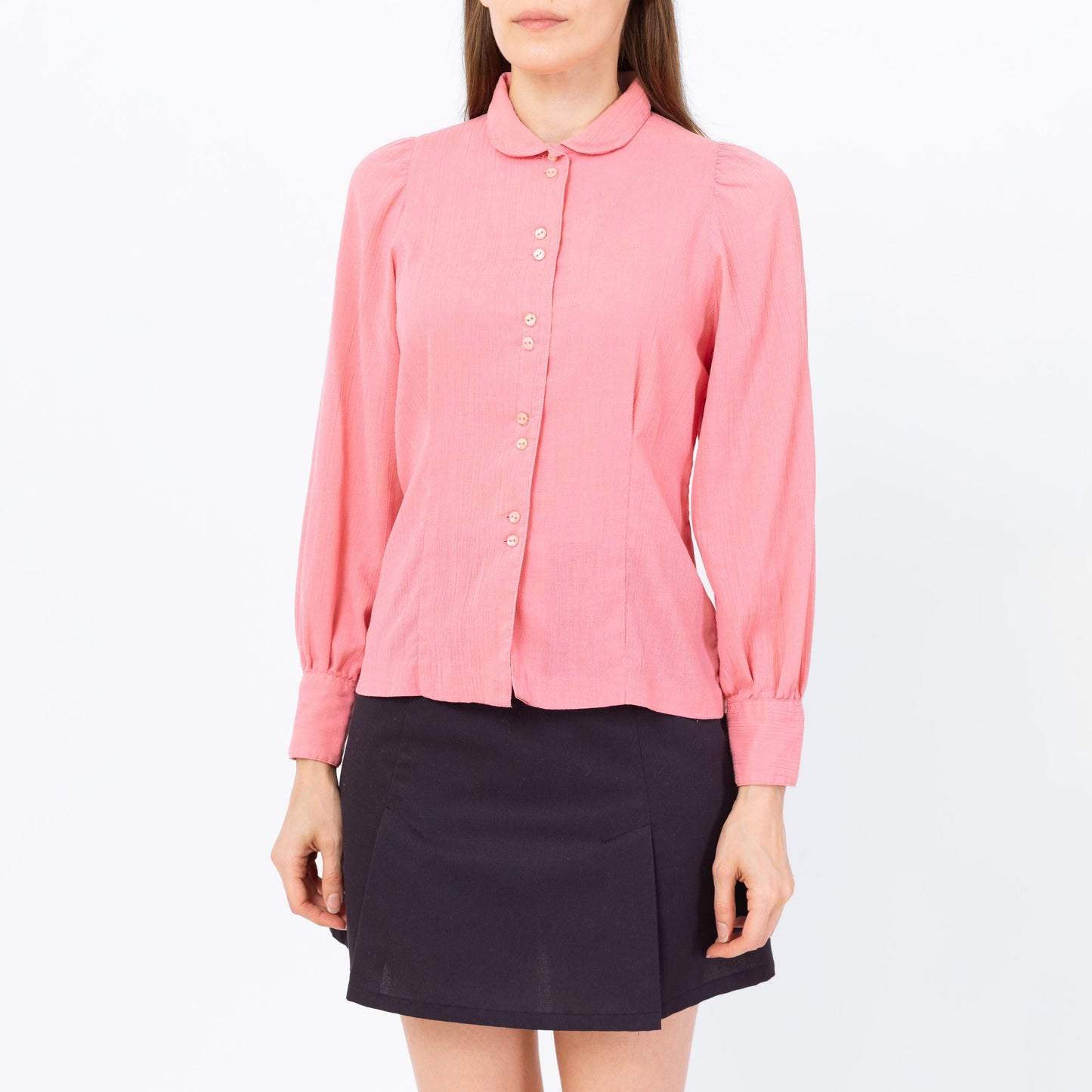 Vintage 70s Blush Pink Peter Pan Collar Blouse - Small | Retro Long Sleeve Button Up Top