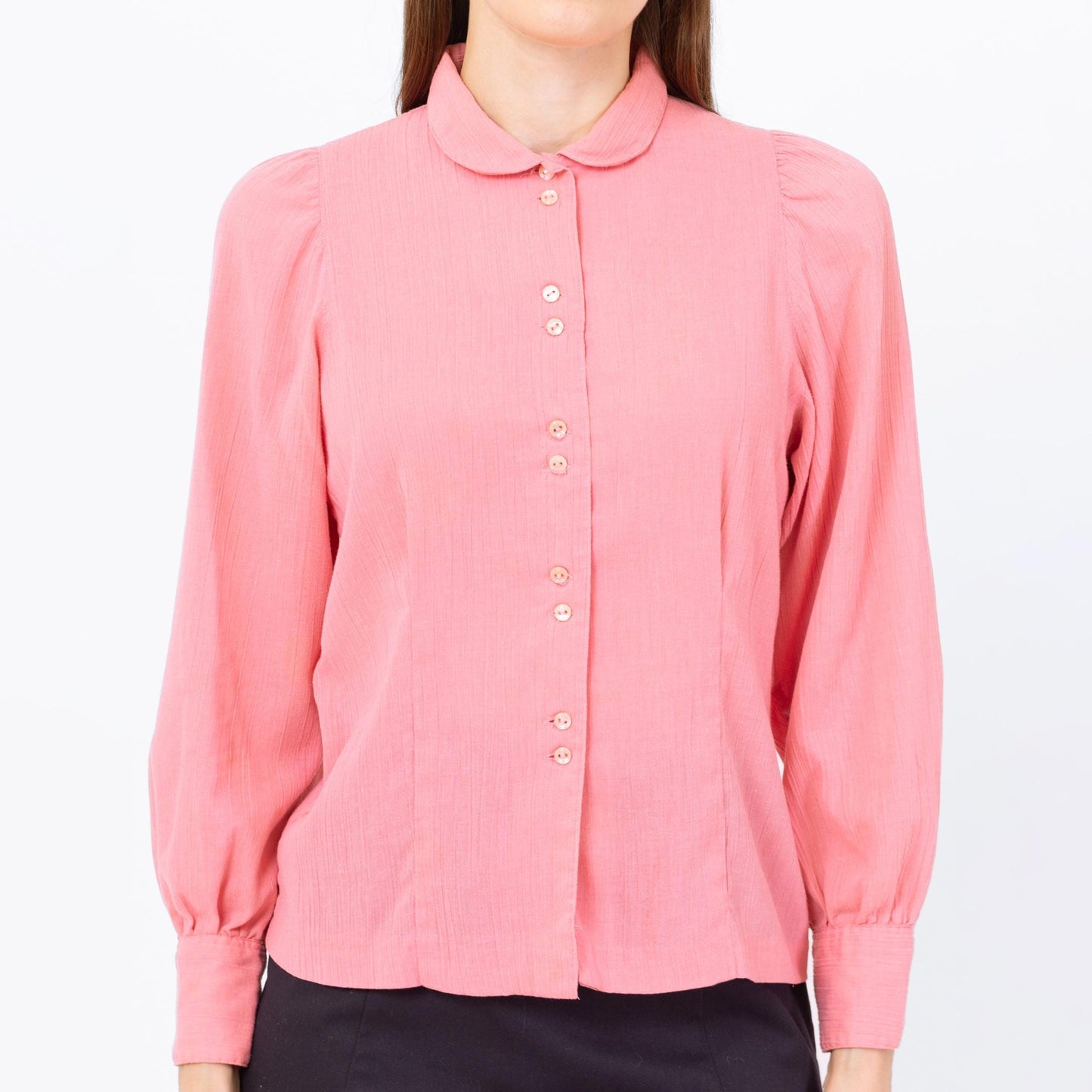 Vintage 70s Blush Pink Peter Pan Collar Blouse - Small | Retro Long Sleeve Button Up Top