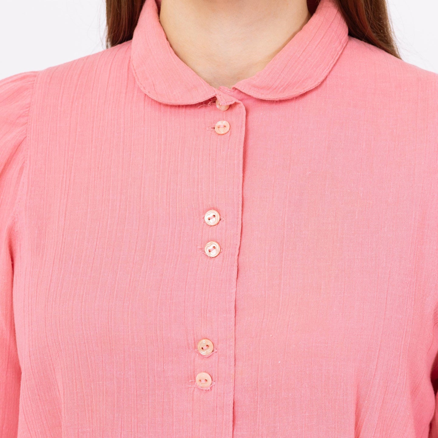 Vintage 70s Blush Pink Peter Pan Collar Blouse - Small | Retro Long Sleeve Button Up Top