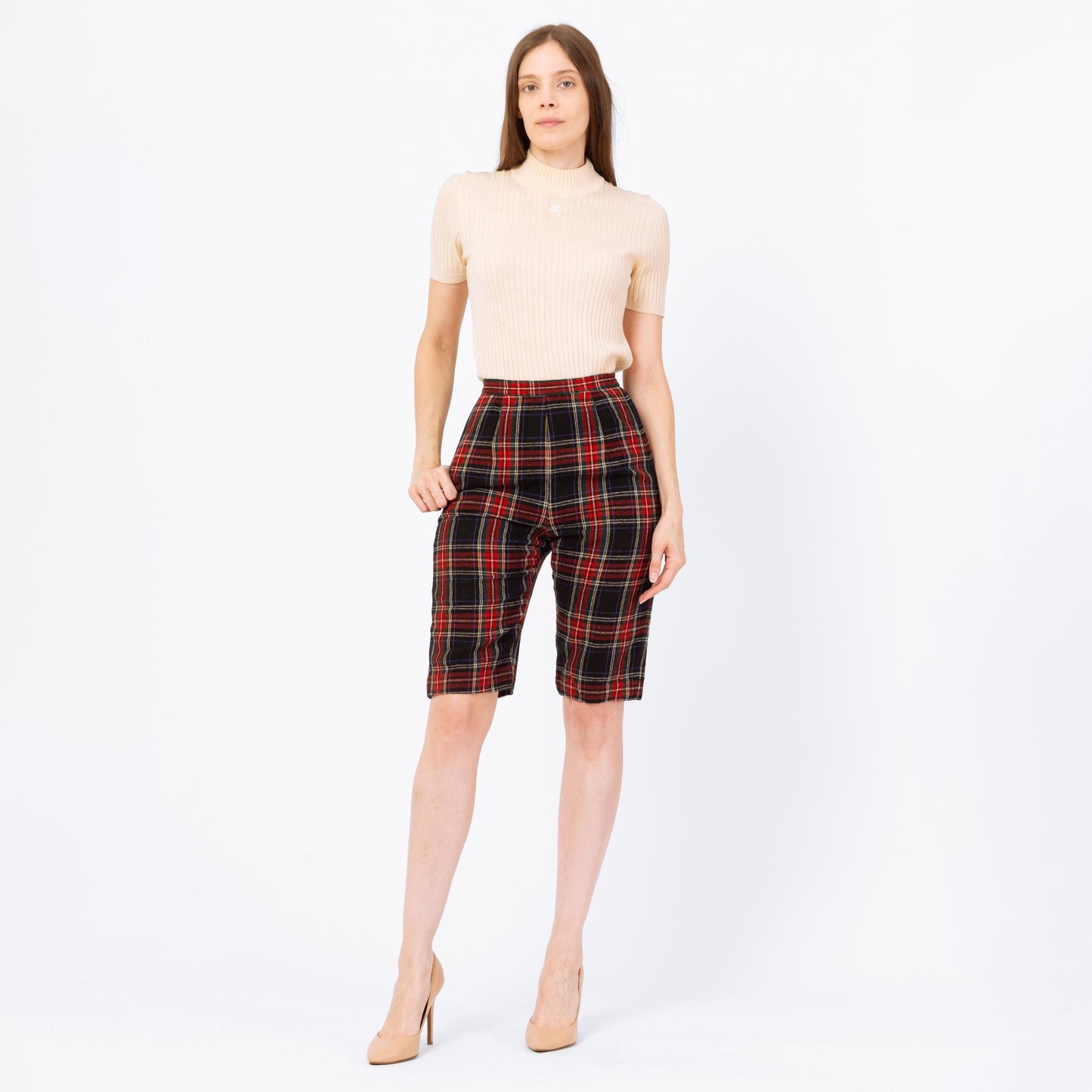 Vintage 60s Red & Black Tartan Plaid Knee Length Shorts - Extra Small, 24" Waist | Retro Fitted Wool Bermuda Shorts
