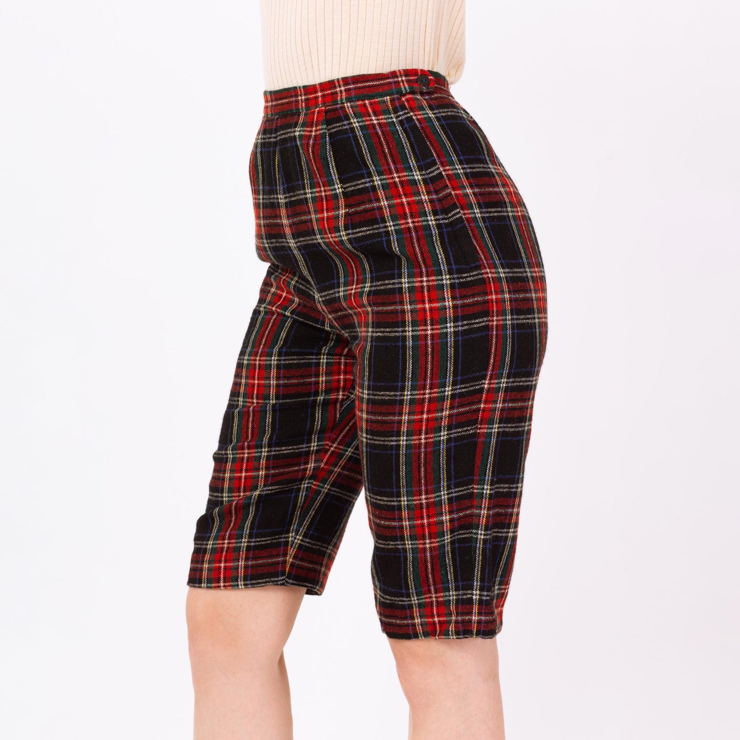 Vintage 60s Red & Black Tartan Plaid Knee Length Shorts - Extra Small, 24" Waist | Retro Fitted Wool Bermuda Shorts