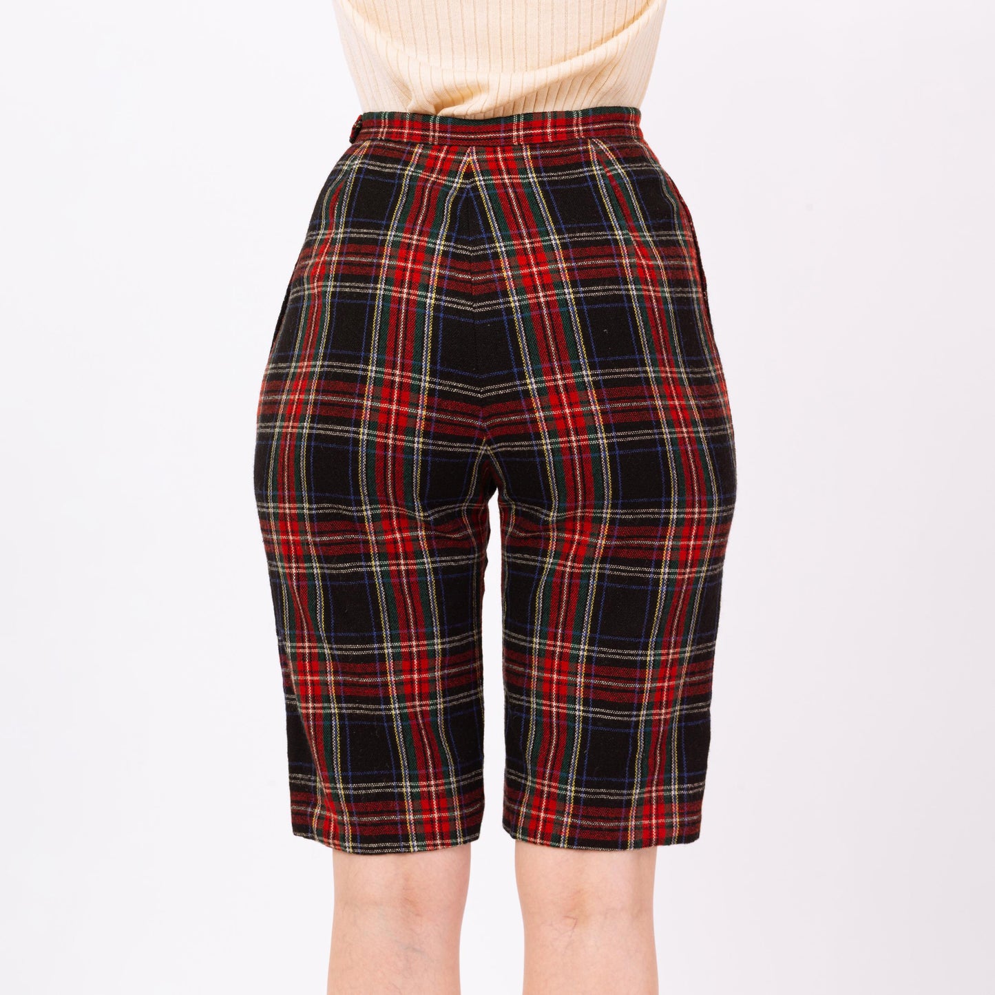 Vintage 60s Red & Black Tartan Plaid Knee Length Shorts - Extra Small, 24" Waist | Retro Fitted Wool Bermuda Shorts
