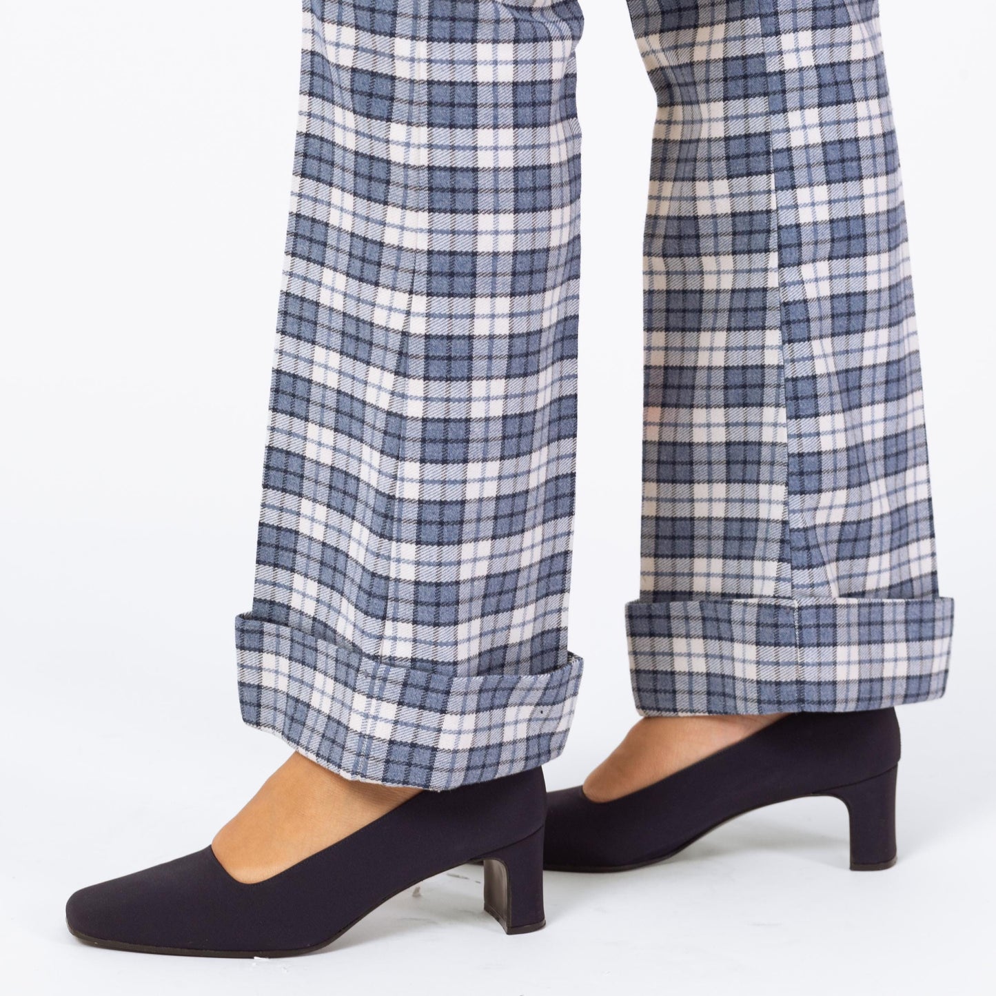 Vintage 70s Blue Plaid Knit Flared Trousers - Men's XS, Women's Small | 1970s High Waisted Fall Pants, Retro Cuffed Woven Trousers