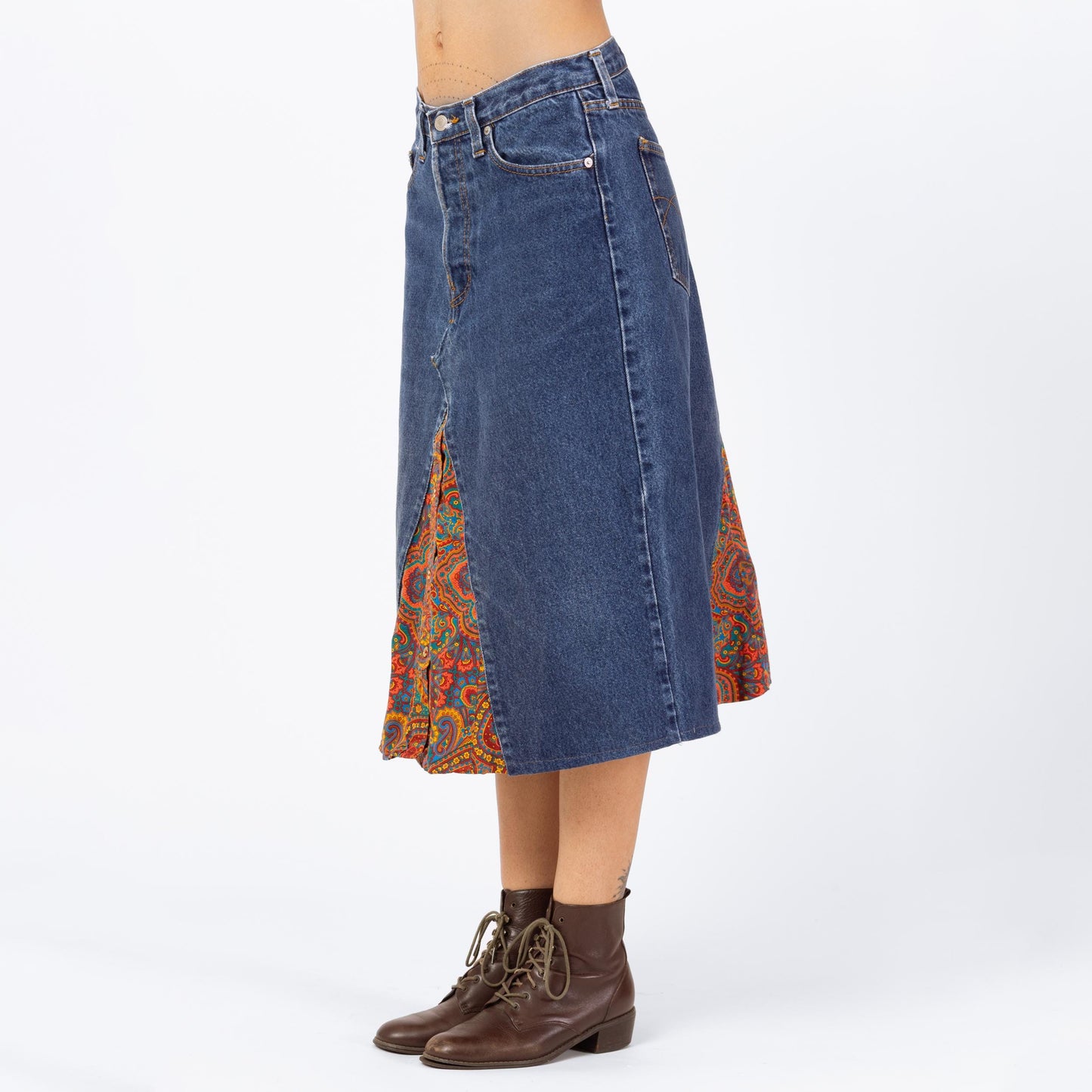 Vintage 90s French Connection Denim & Paisley Midi Skirt - Small to Medium, 28" Waist | Reworked A-Line Split Panel Upcycled Jean Skirt