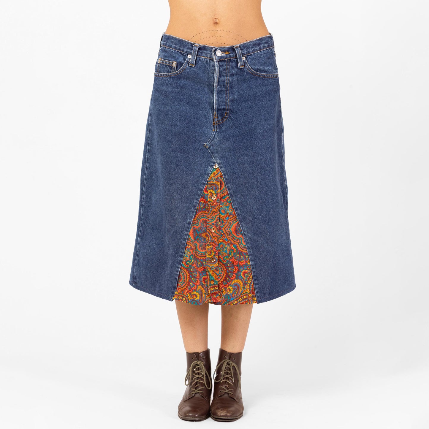 Vintage 90s French Connection Denim & Paisley Midi Skirt - Small to Medium, 28" Waist | Reworked A-Line Split Panel Upcycled Jean Skirt