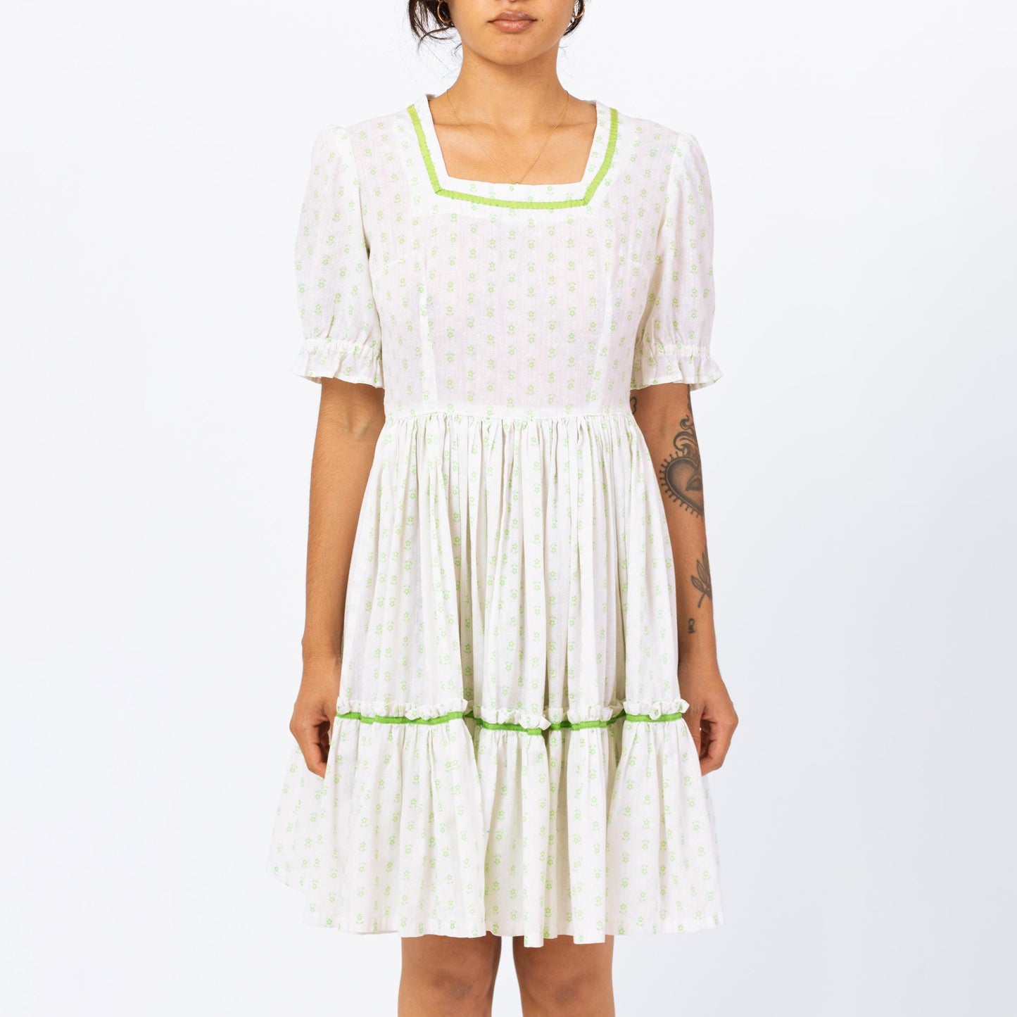Vintage 70s White & Green Floral Square Dance Mini Dress - Small | Boho Fit Flare Cottagecore Summer Prairie Dress