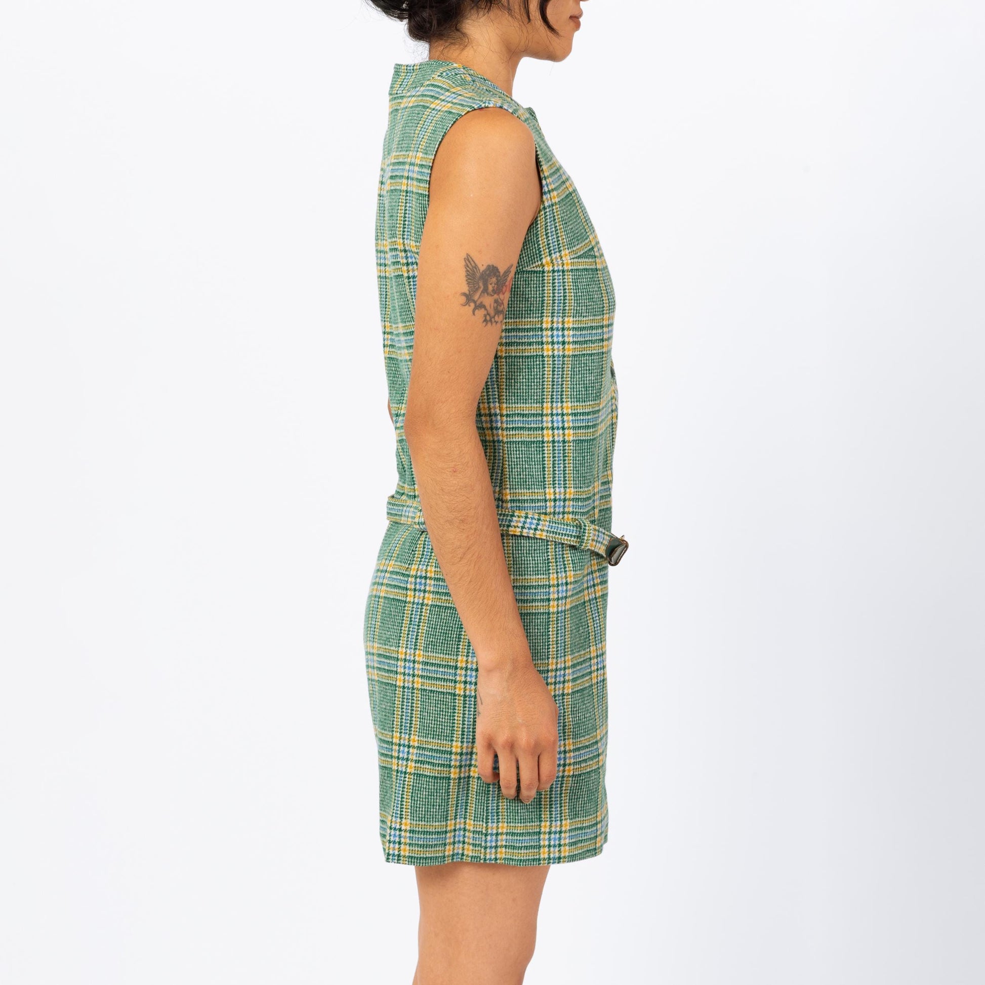 Vintage 60s Green Plaid Knit Romper - Small | Mod Sleeveless Wool Belted Button Up One Piece Academia Outfit