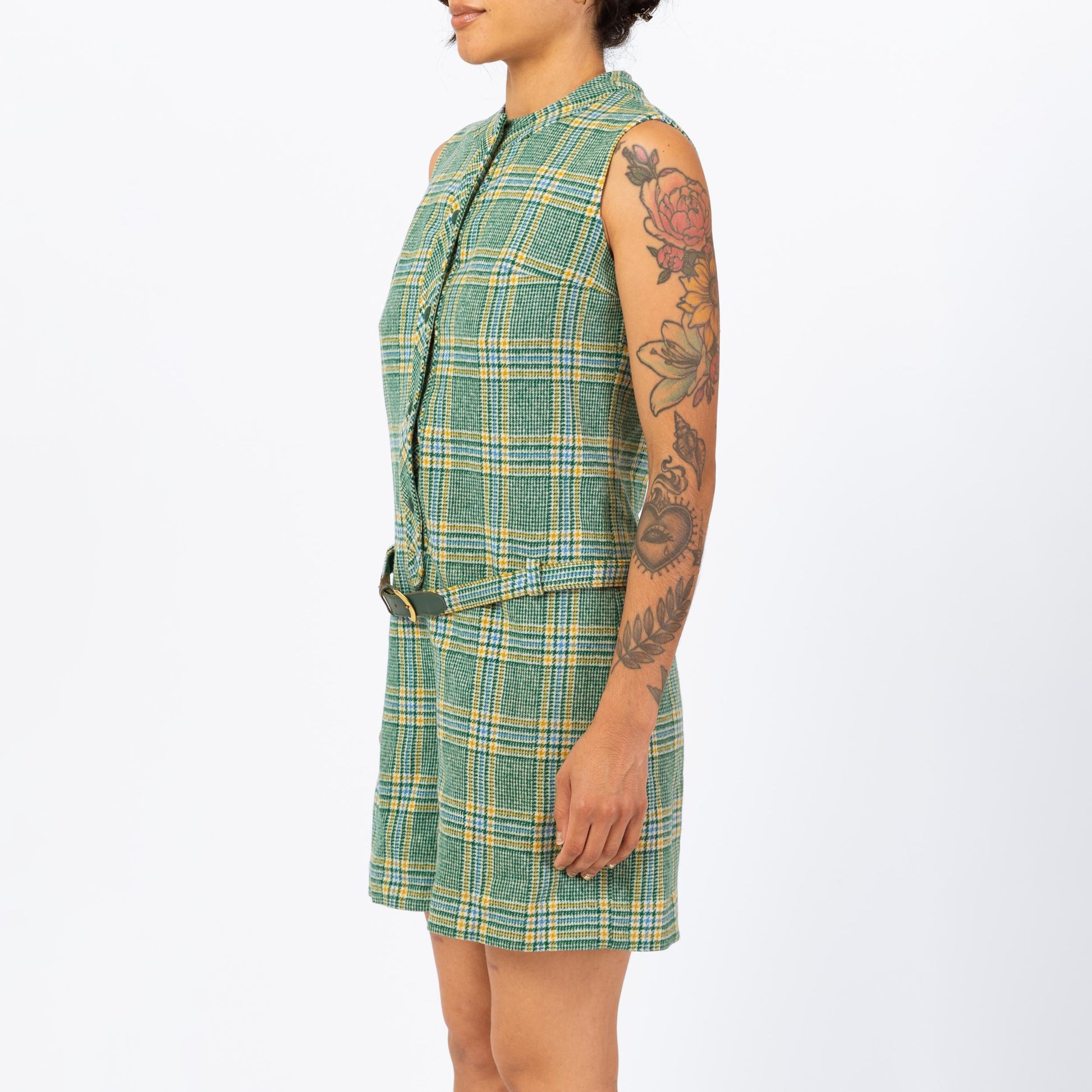 Vintage 60s Green Plaid Knit Romper - Small | Mod Sleeveless Wool Belted Button Up One Piece Academia Outfit