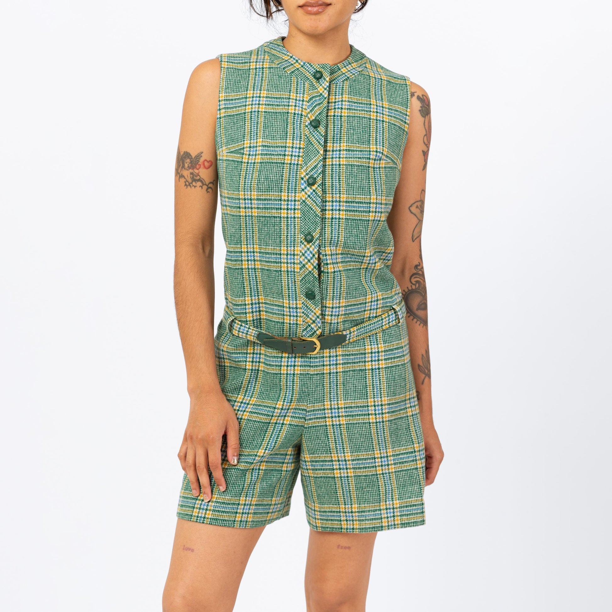 Vintage 60s Green Plaid Knit Romper - Small | Mod Sleeveless Wool Belted Button Up One Piece Academia Outfit