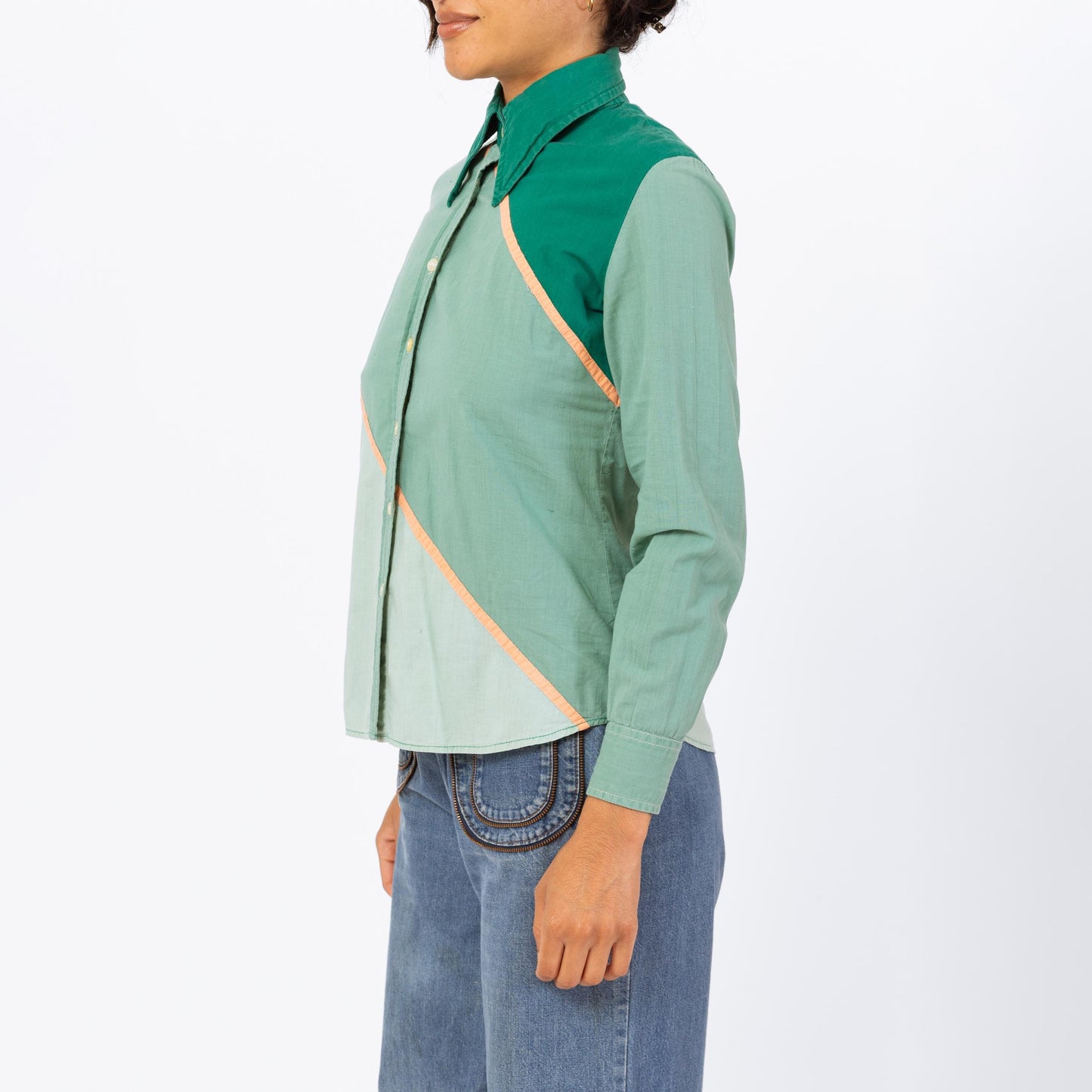 Vintage 70s Green Color Block Cotton Shirt - Medium | Boho Long Sleeve Dagger Collar Top, Button Up Western Blouse
