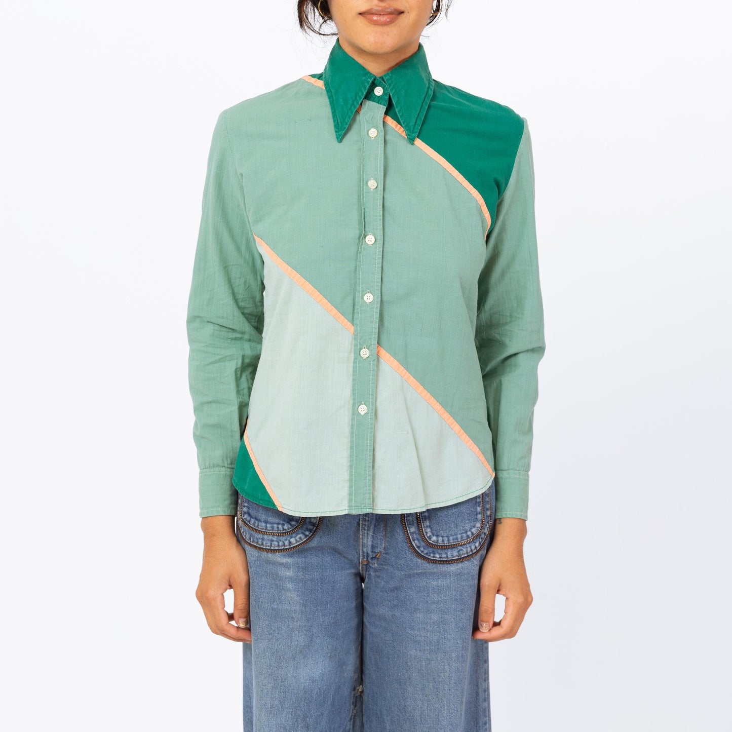 Vintage 70s Green Color Block Cotton Shirt - Medium | Boho Long Sleeve Dagger Collar Top, Button Up Western Blouse