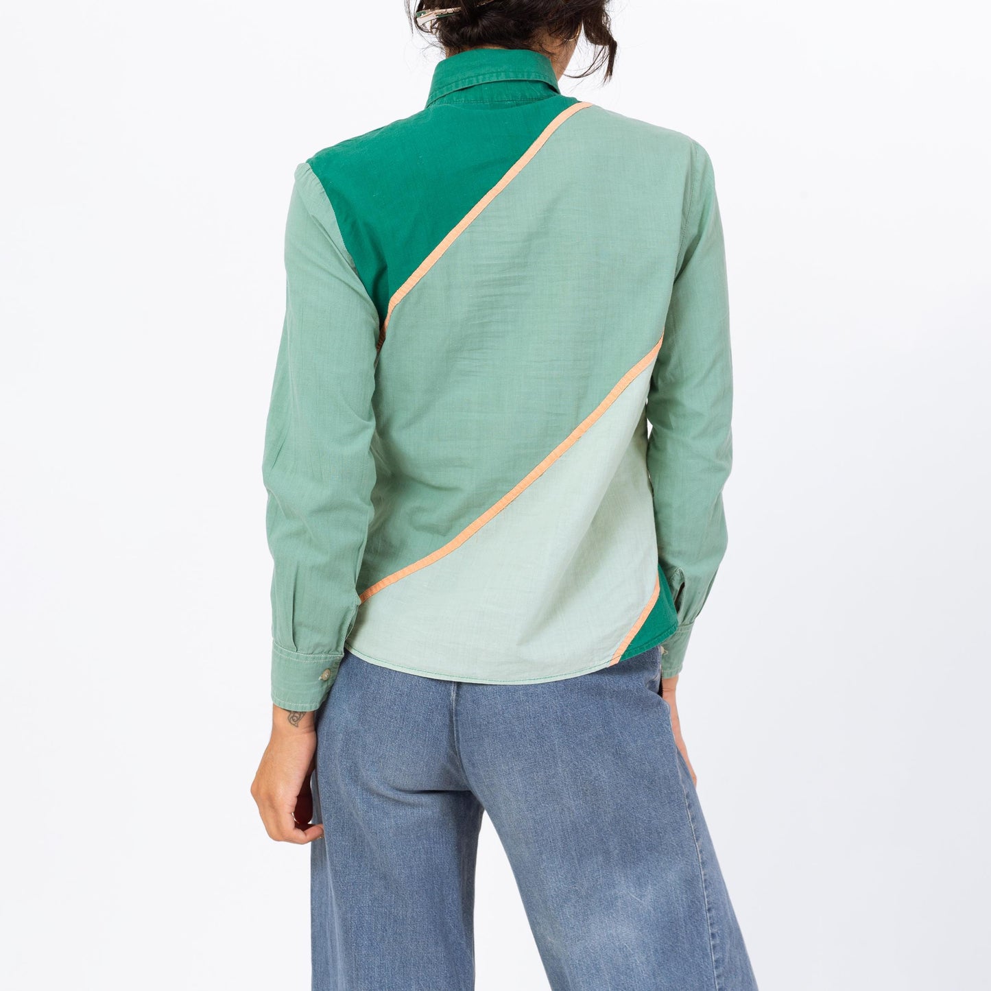 Vintage 70s Green Color Block Cotton Shirt - Medium | Boho Long Sleeve Dagger Collar Top, Button Up Western Blouse