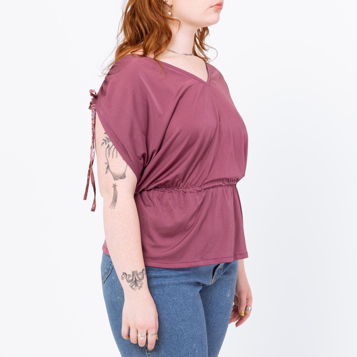 Vintage 70s Dusty Mauve Ruched Cap Sleeve Blouse - Medium | Boho Purple Draped V Neck Fitted Waist Top
