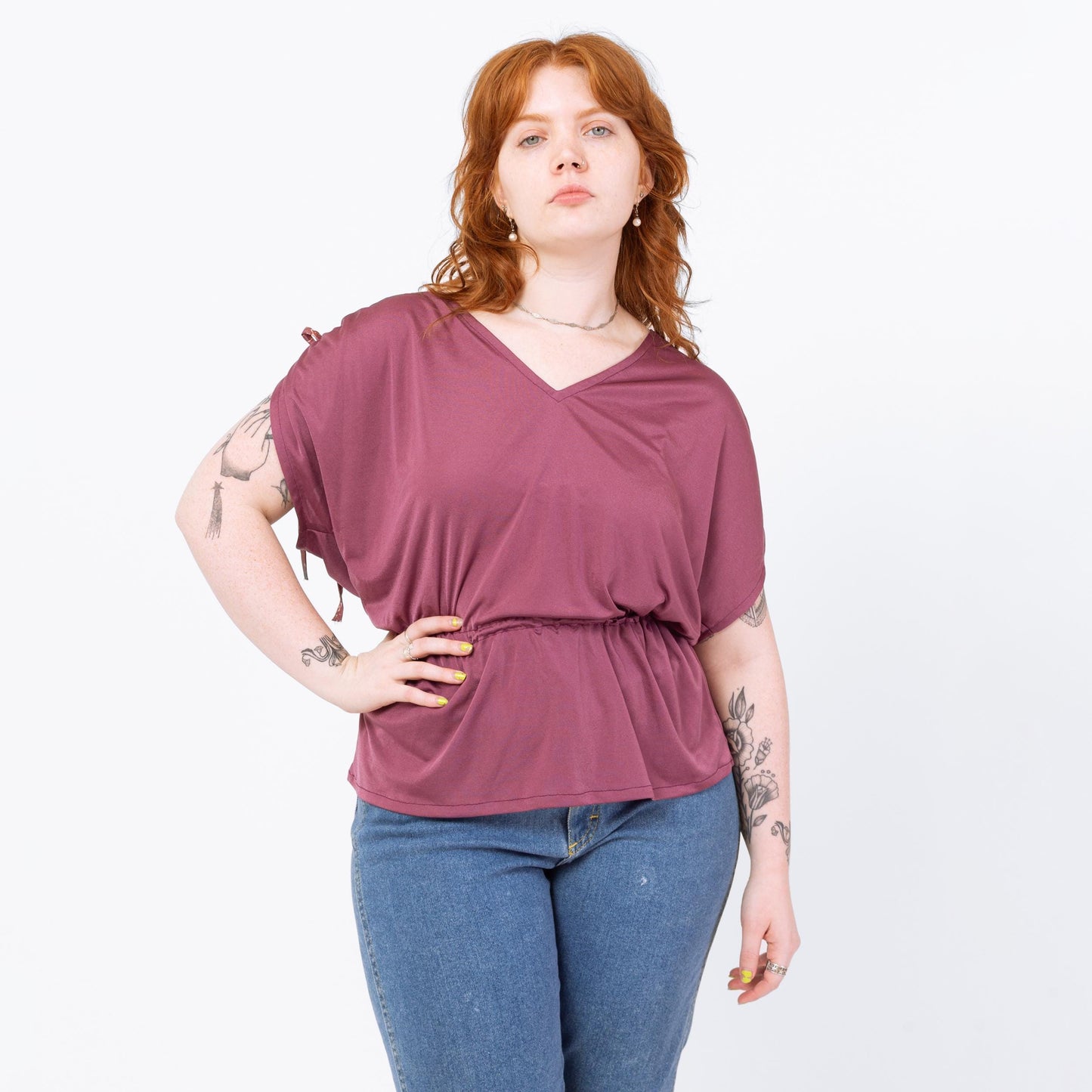 Vintage 70s Dusty Mauve Ruched Cap Sleeve Blouse - Medium | Boho Purple Draped V Neck Fitted Waist Top