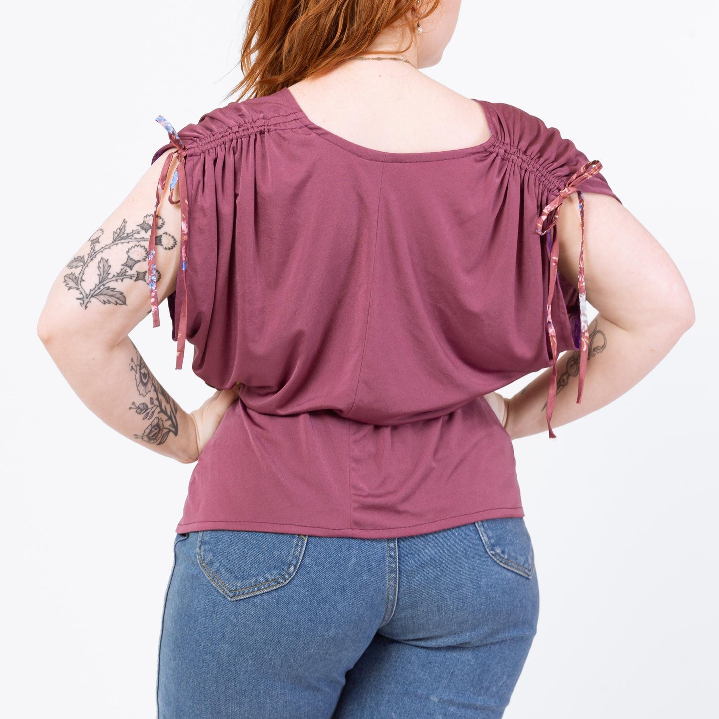 Vintage 70s Dusty Mauve Ruched Cap Sleeve Blouse - Medium | Boho Purple Draped V Neck Fitted Waist Top