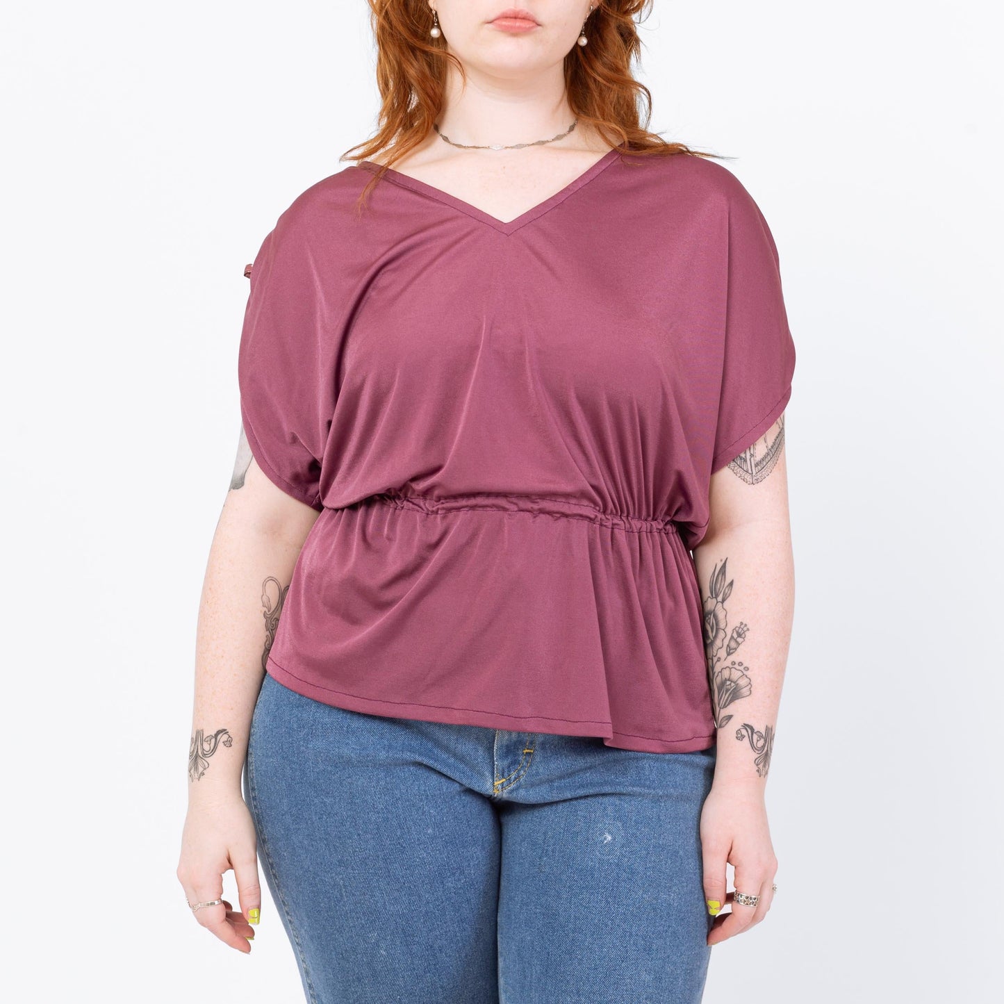 Vintage 70s Dusty Mauve Ruched Cap Sleeve Blouse - Medium | Boho Purple Draped V Neck Fitted Waist Top