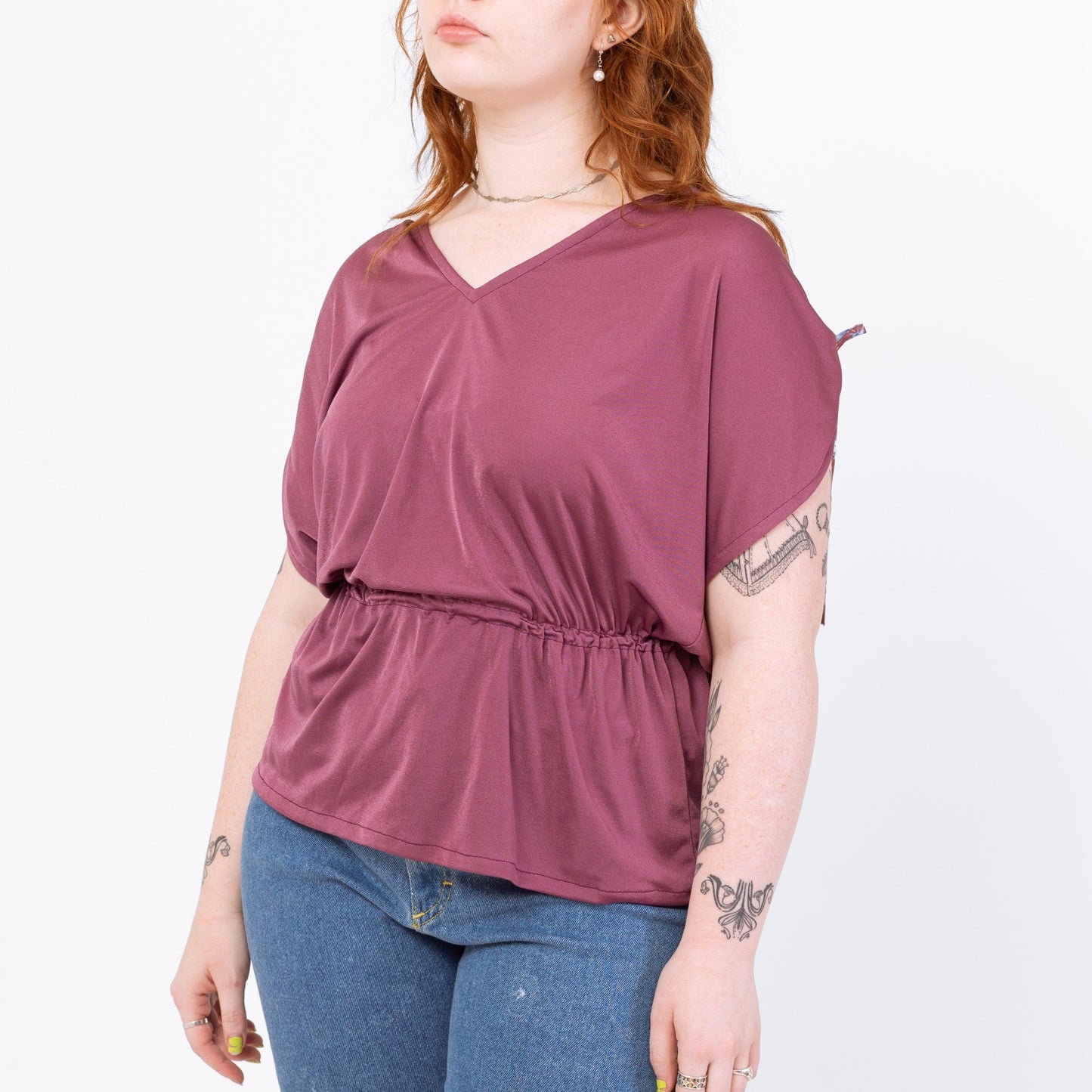 Vintage 70s Dusty Mauve Ruched Cap Sleeve Blouse - Medium | Boho Purple Draped V Neck Fitted Waist Top