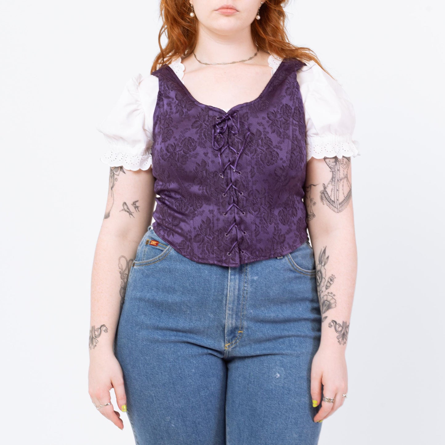 Vintage 90s Purple Jacquard Renaissance Style Corset Bodice - Medium to Large | Boho Gothic Folk Brocade Overbust Bustier Top