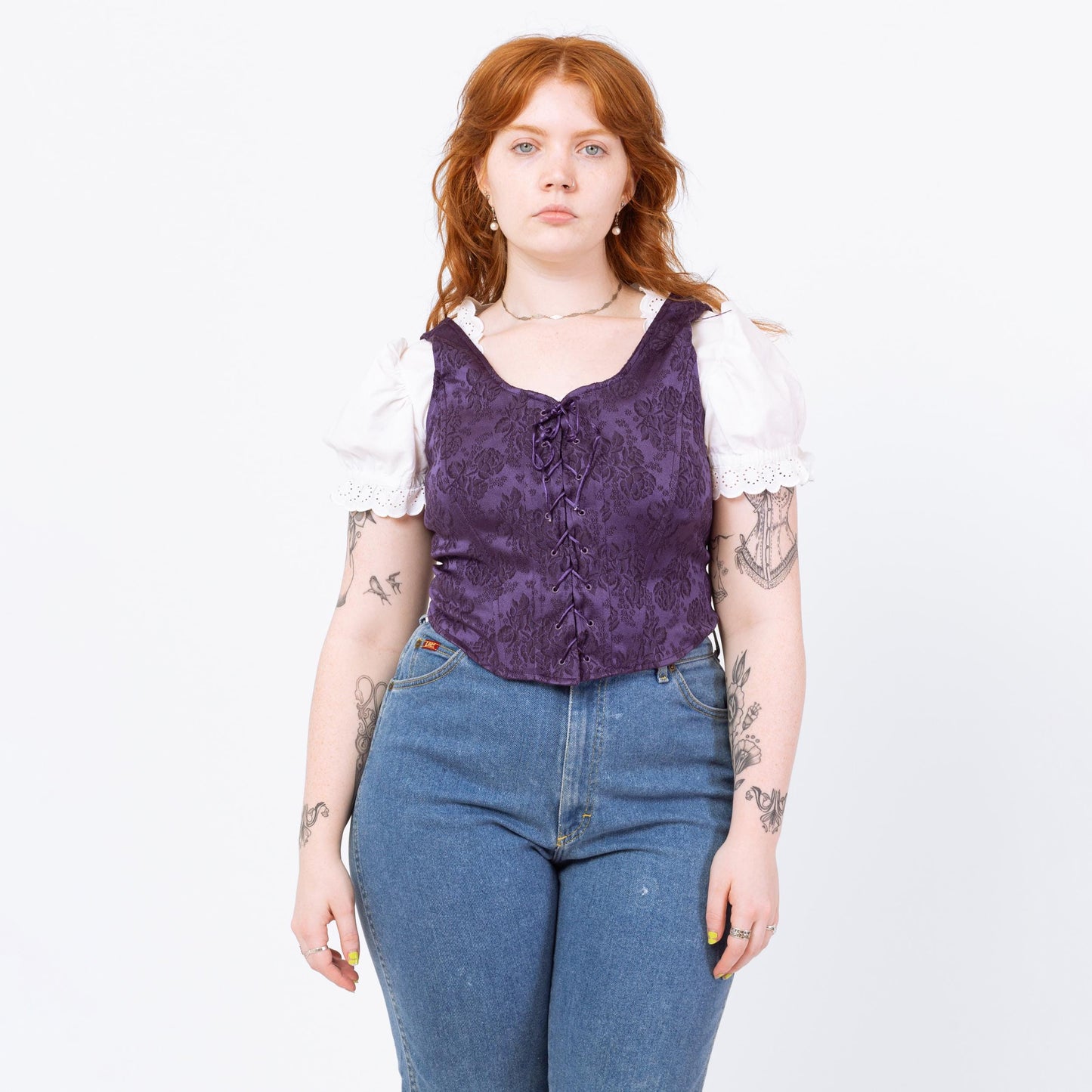Vintage 90s Purple Jacquard Renaissance Style Corset Bodice - Medium to Large | Boho Gothic Folk Brocade Overbust Bustier Top