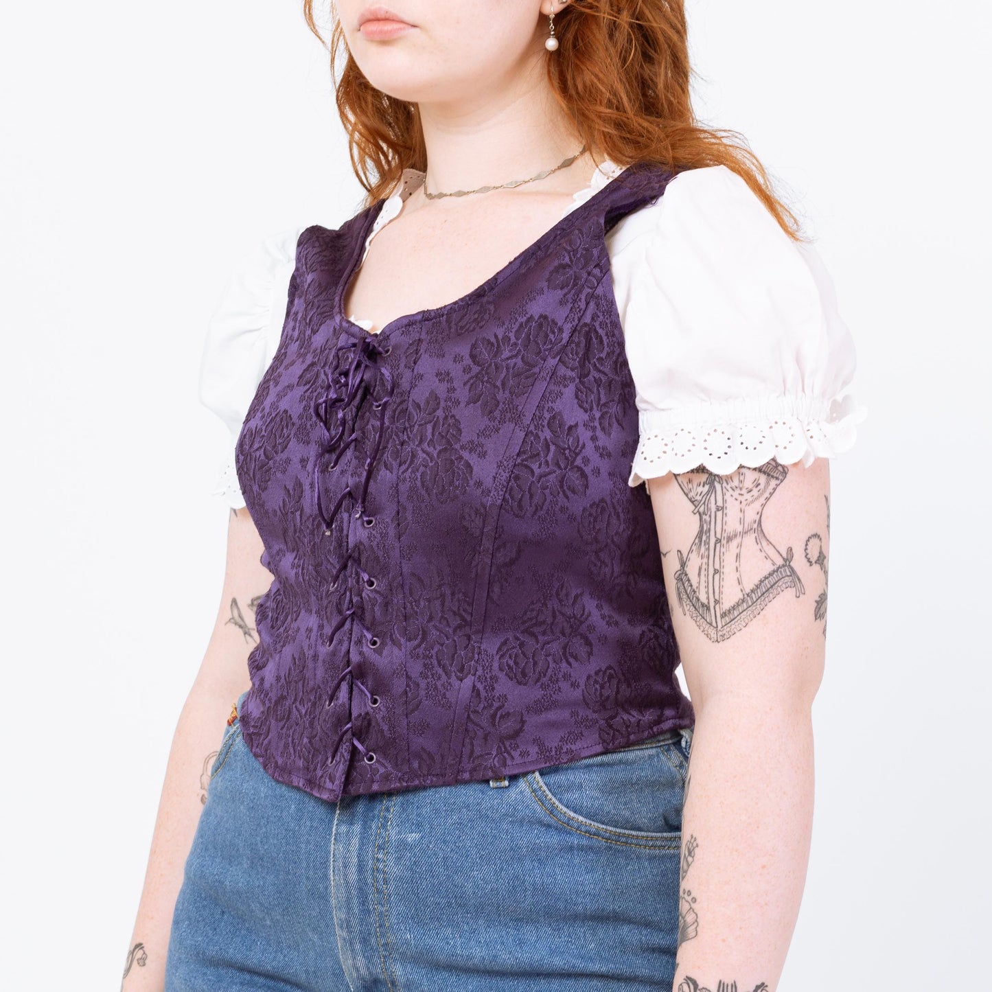 Vintage 90s Purple Jacquard Renaissance Style Corset Bodice - Medium to Large | Boho Gothic Folk Brocade Overbust Bustier Top