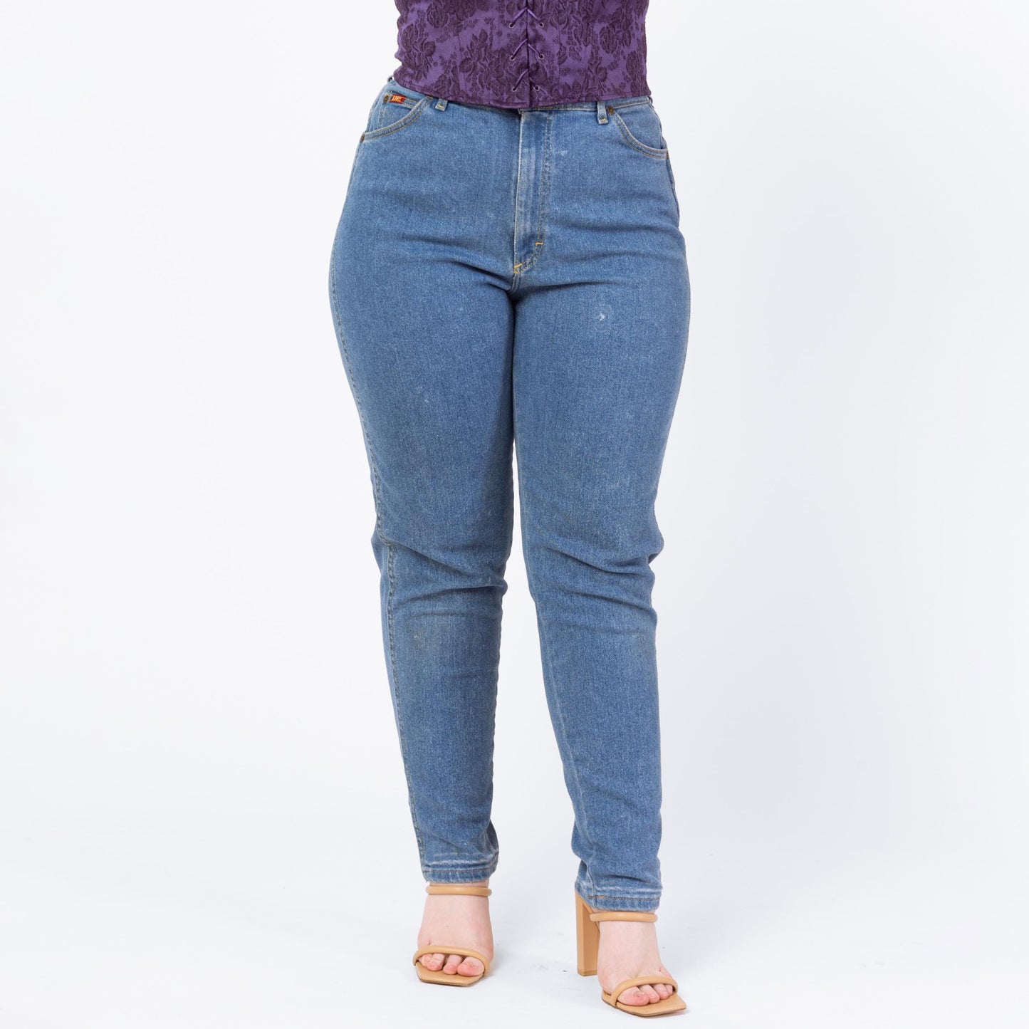 Vintage 80s Lee Riders High Waisted Jeans - Large, 30"-32" Waist | Made In USA Stretch Denim Tapered Leg Mom Jeans