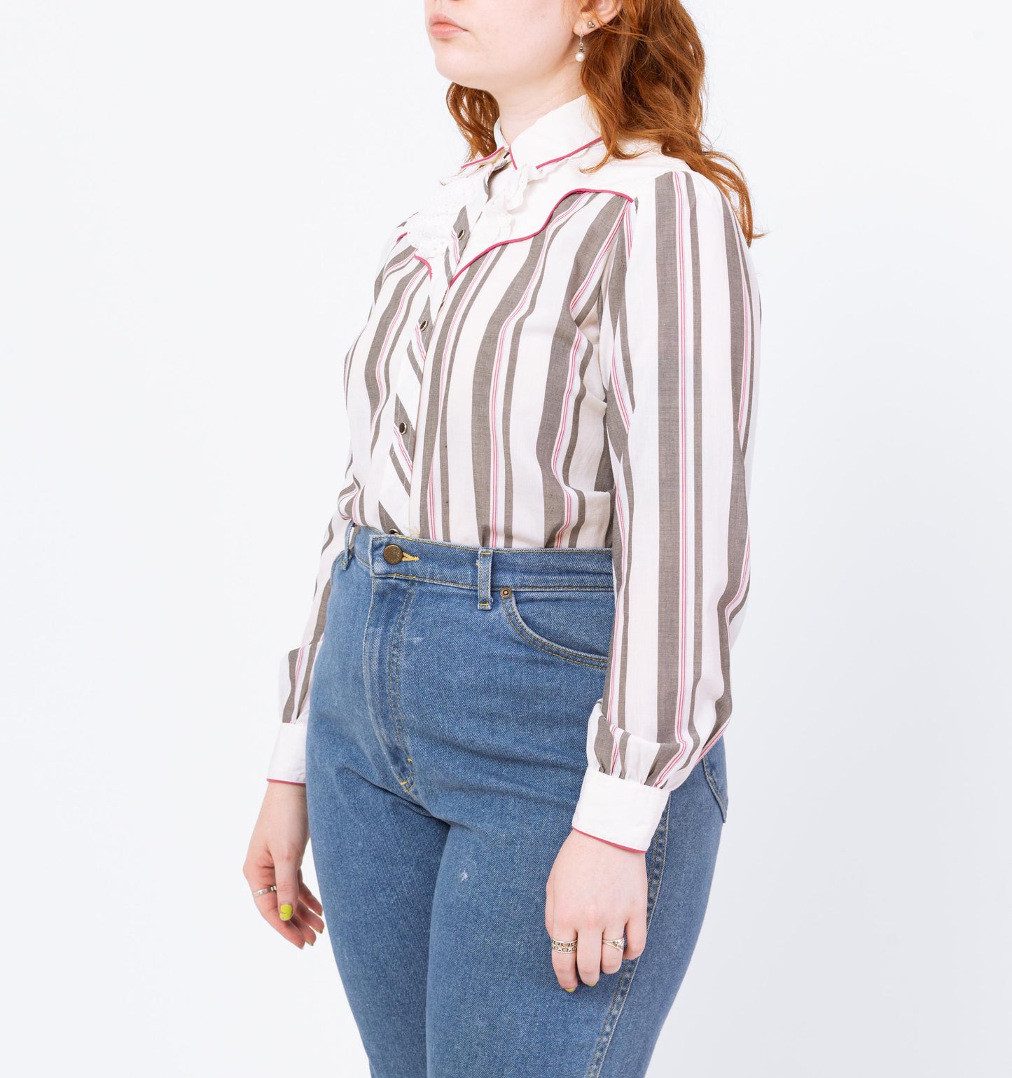 Vintage 80s Western Striped Lace Trim Yoke Shirt - Medium | Kenny Rogers Long Sleeve Pearl Snap Rockabilly Top