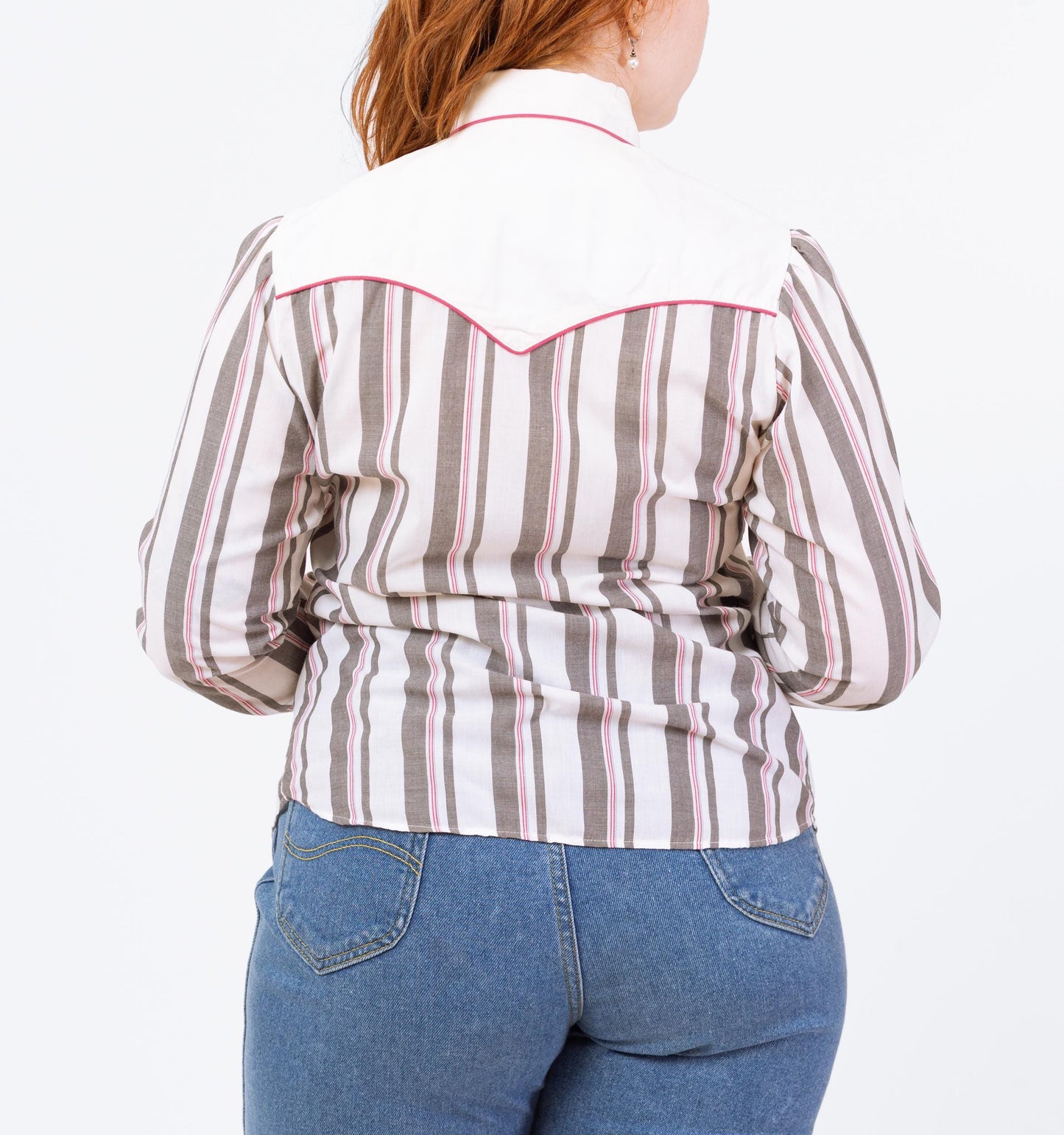 Vintage 80s Western Striped Lace Trim Yoke Shirt - Medium | Kenny Rogers Long Sleeve Pearl Snap Rockabilly Top