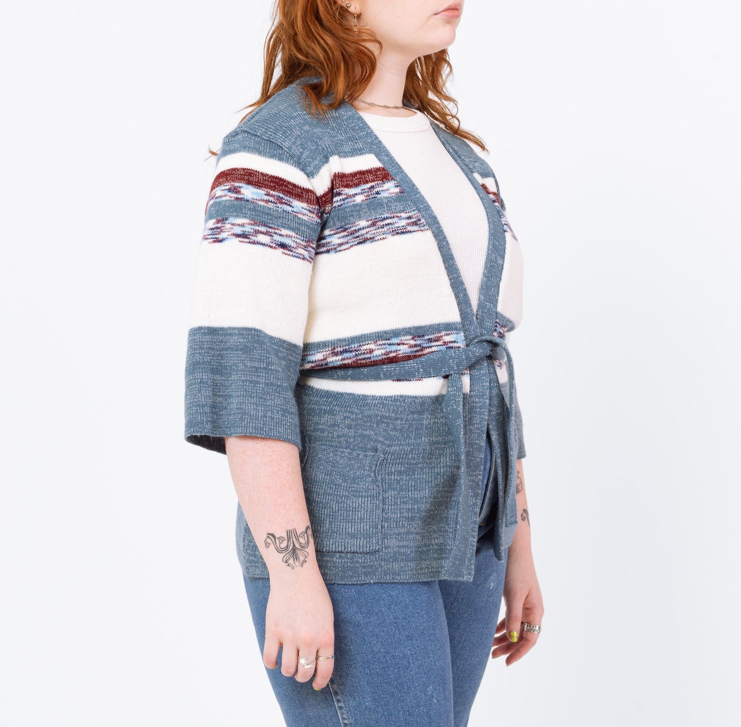 Vintage 70s Blue Space Dye Knit Belted Cardigan - Medium to Large | Boho Open Fit Striped 3/4 Sleeve Hippie Wrap Sweater