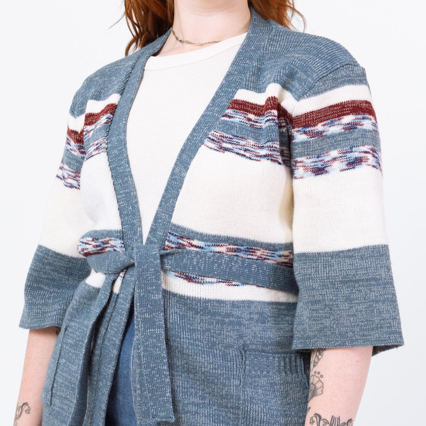 Vintage 70s Blue Space Dye Knit Belted Cardigan - Medium to Large | Boho Open Fit Striped 3/4 Sleeve Hippie Wrap Sweater
