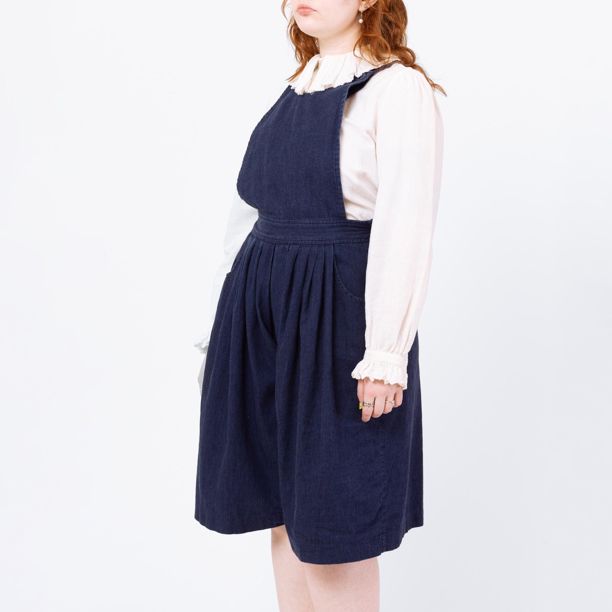 Vintage 70s Dark Wash Denim Pinafore Romper - Medium | Retro Chambray Sleeveless Apron Overall Playsuit